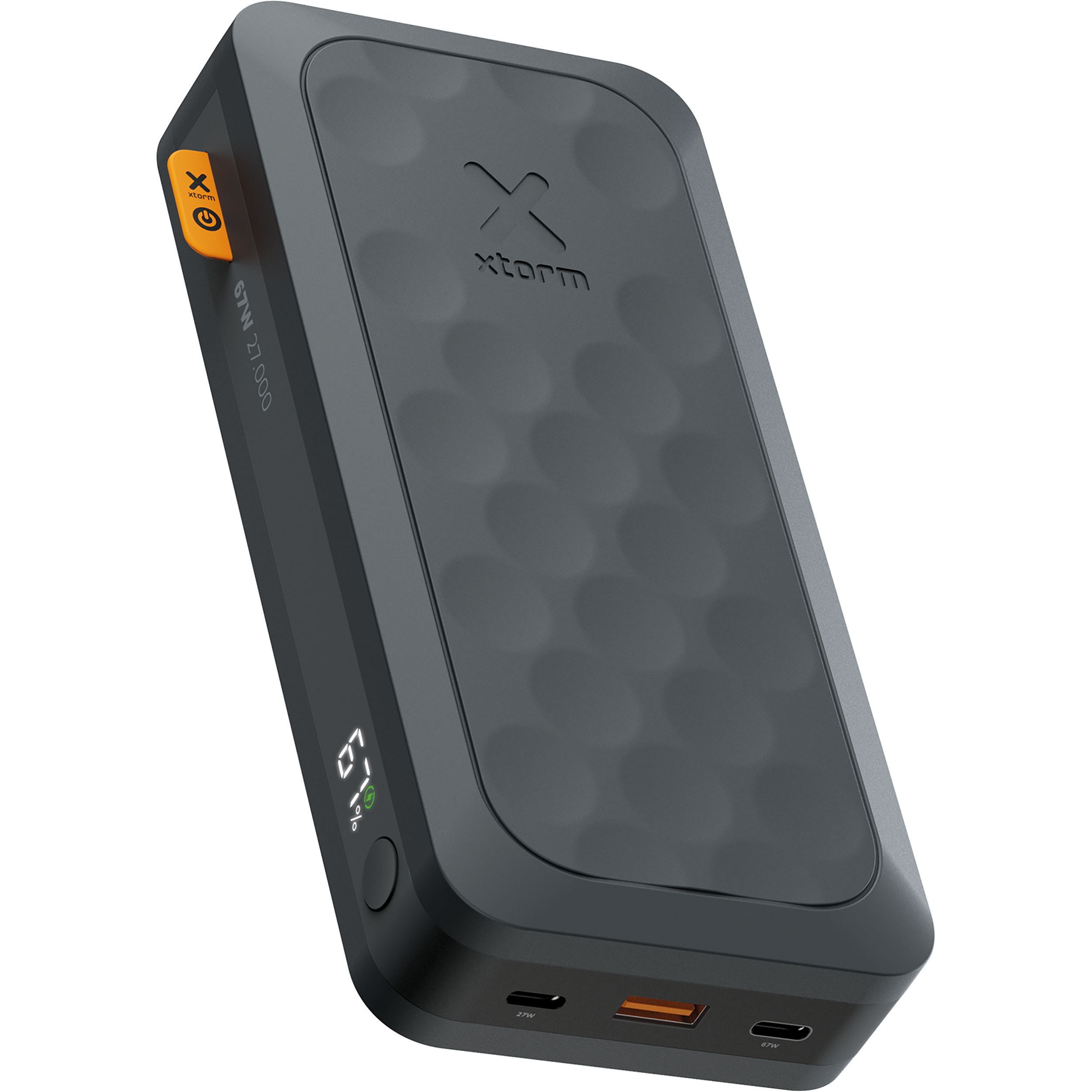 Schwarze Powerbank mit kleinem Display und orangefarbenem Knopf. Schwarzer Hintergrund.