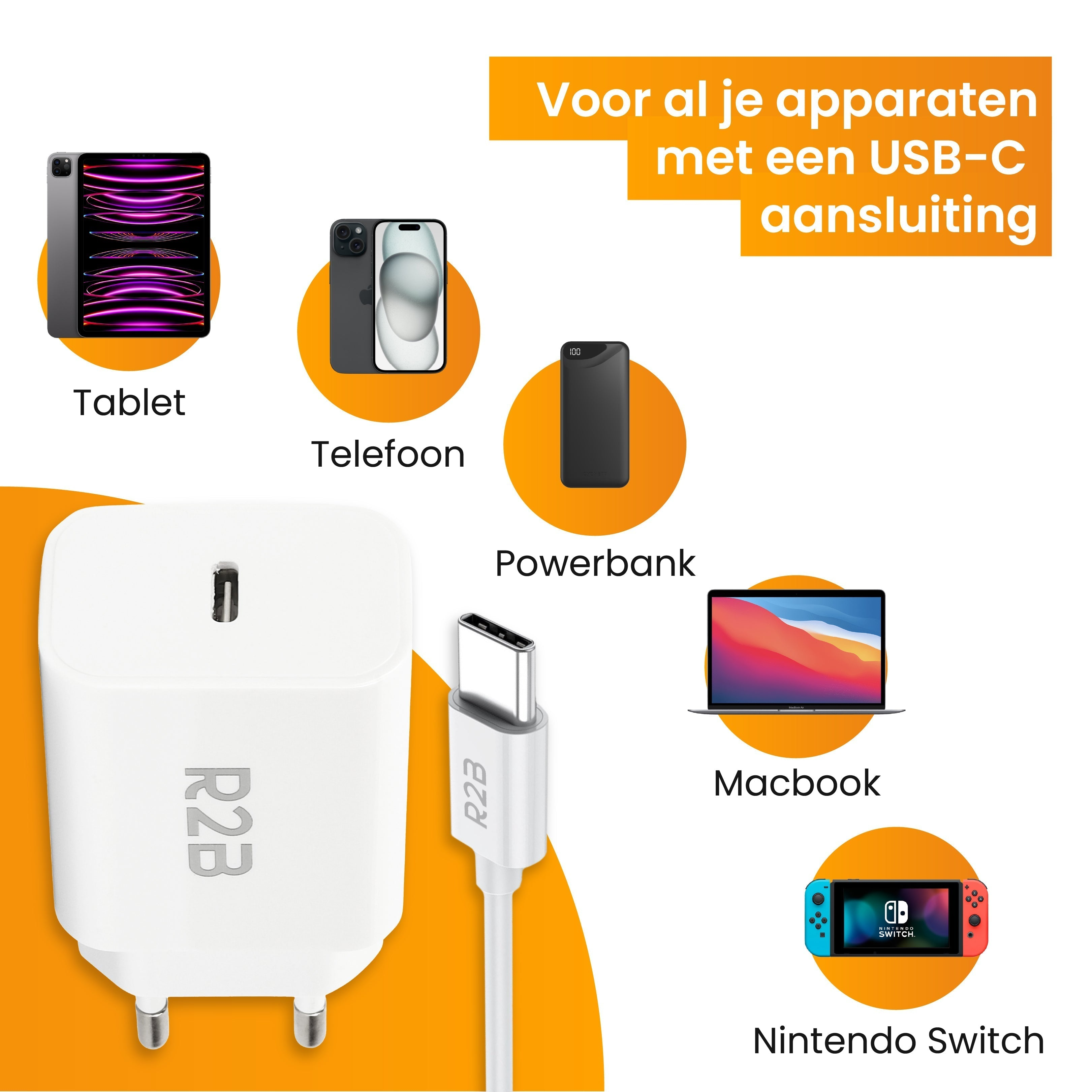 Weißes Ladegerät, diverse Geräte mit USB-C-Anschlüssen, inkl. Tablet, Telefon, Powerbank, Laptop und Switch.