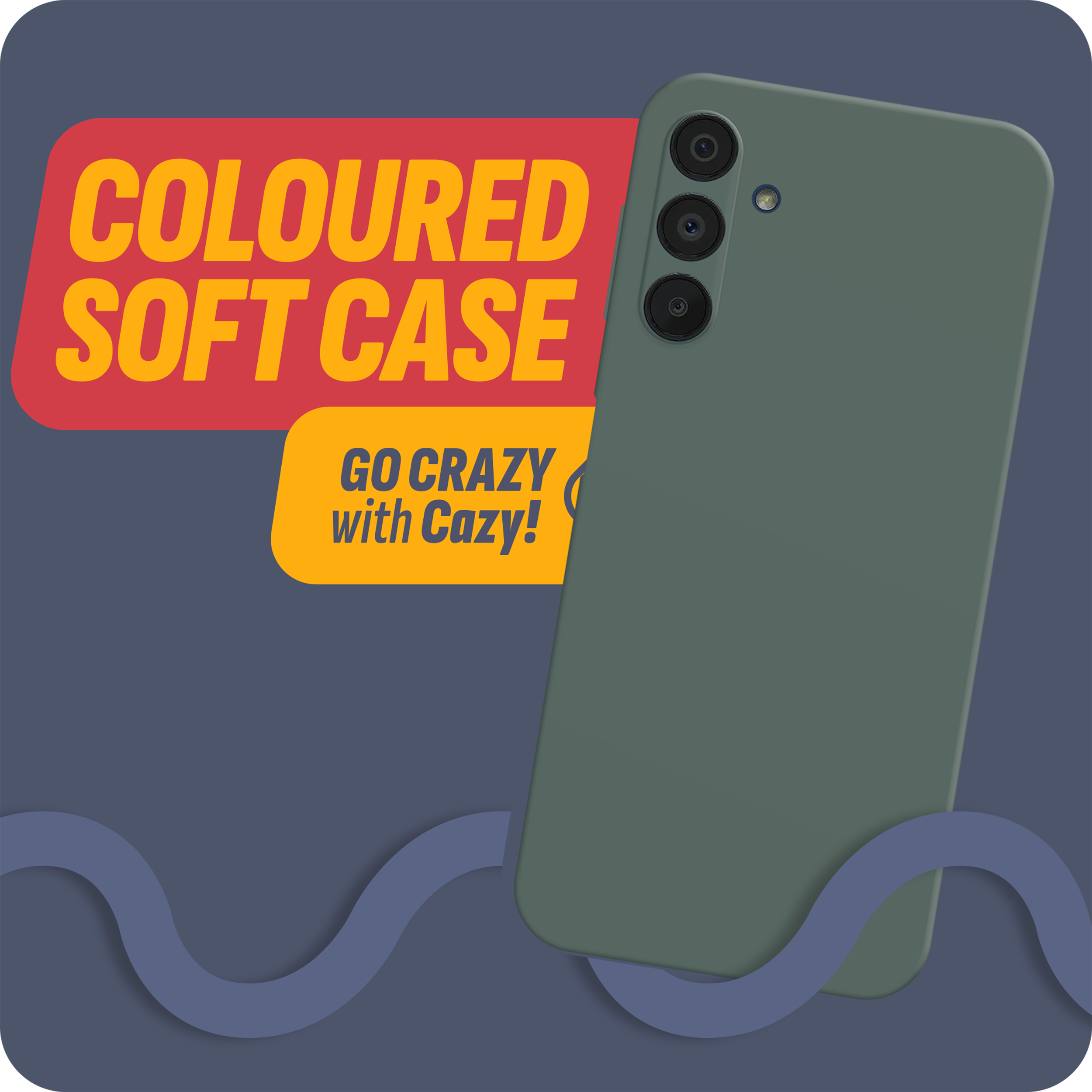 Eine grüne Handyhülle mit farbigem Softcase-Text und einem Go Crazy with Cazy-Text.
