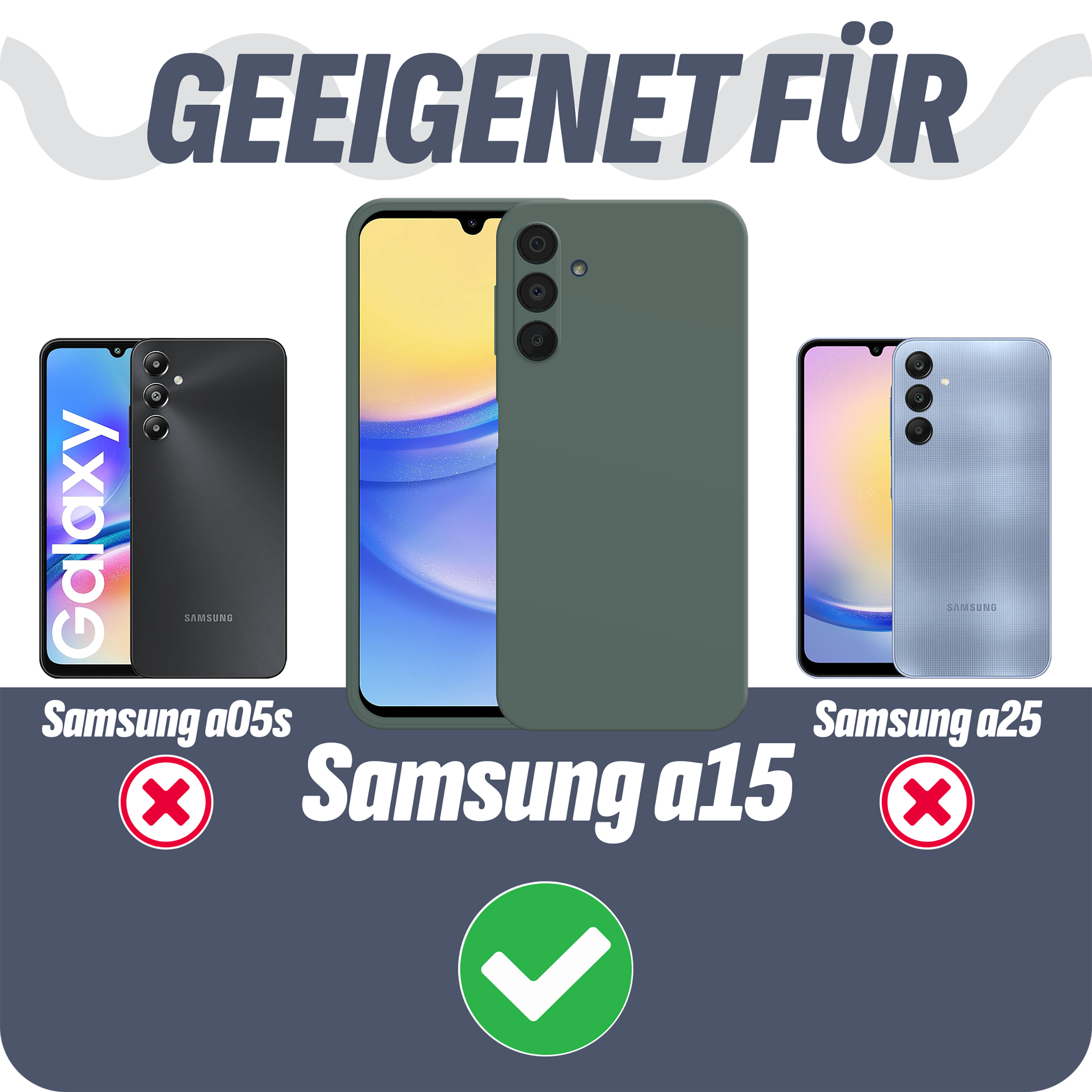 Drei Telefone werden mit verschiedenen Hüllen gezeigt. Nur die Samsung A15 Hülle wird hervorgehoben.