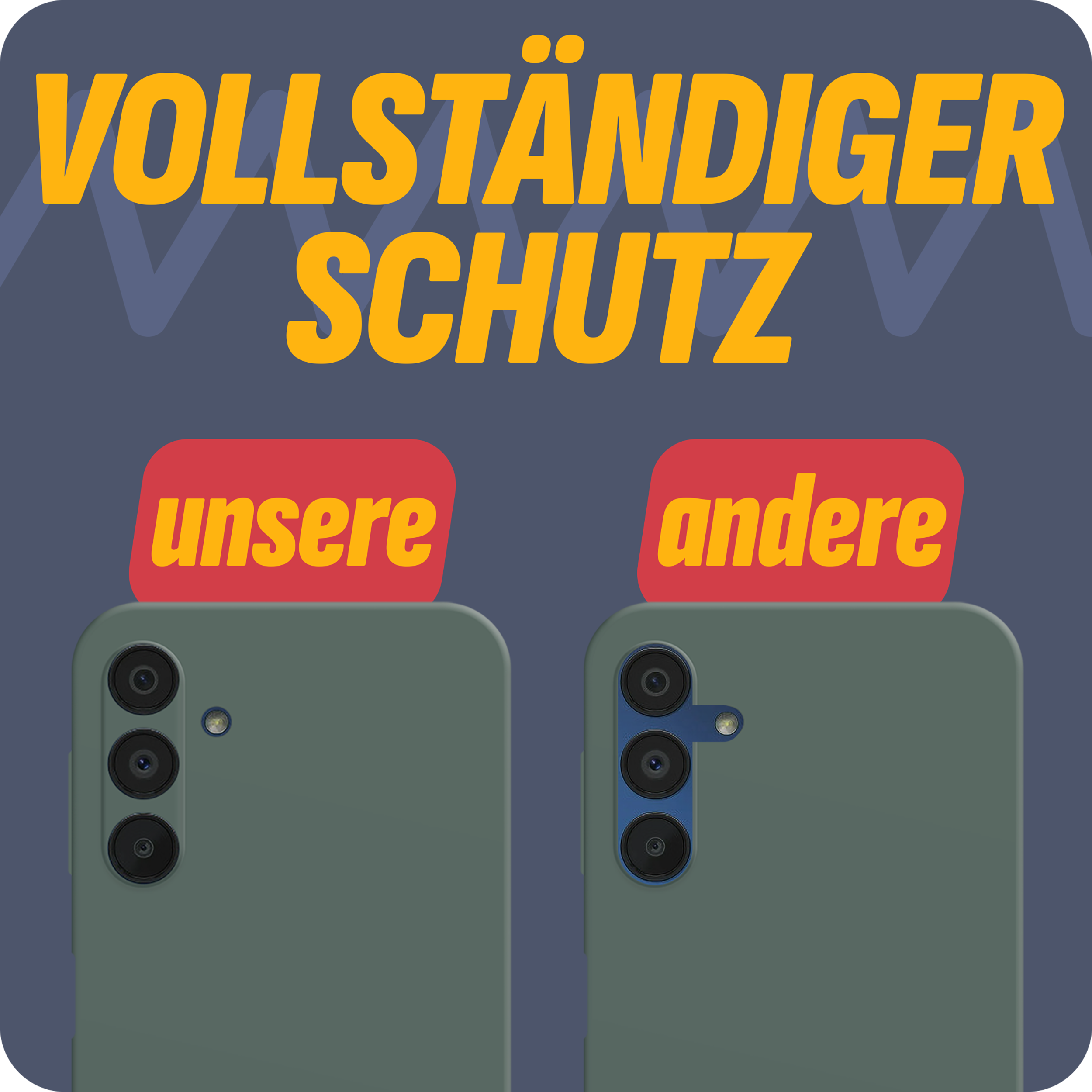 Handyhüllen, grün und grau, mit Text: VOLLSTÄNDIGER SCHUTZ auf gelbem Hintergrund.