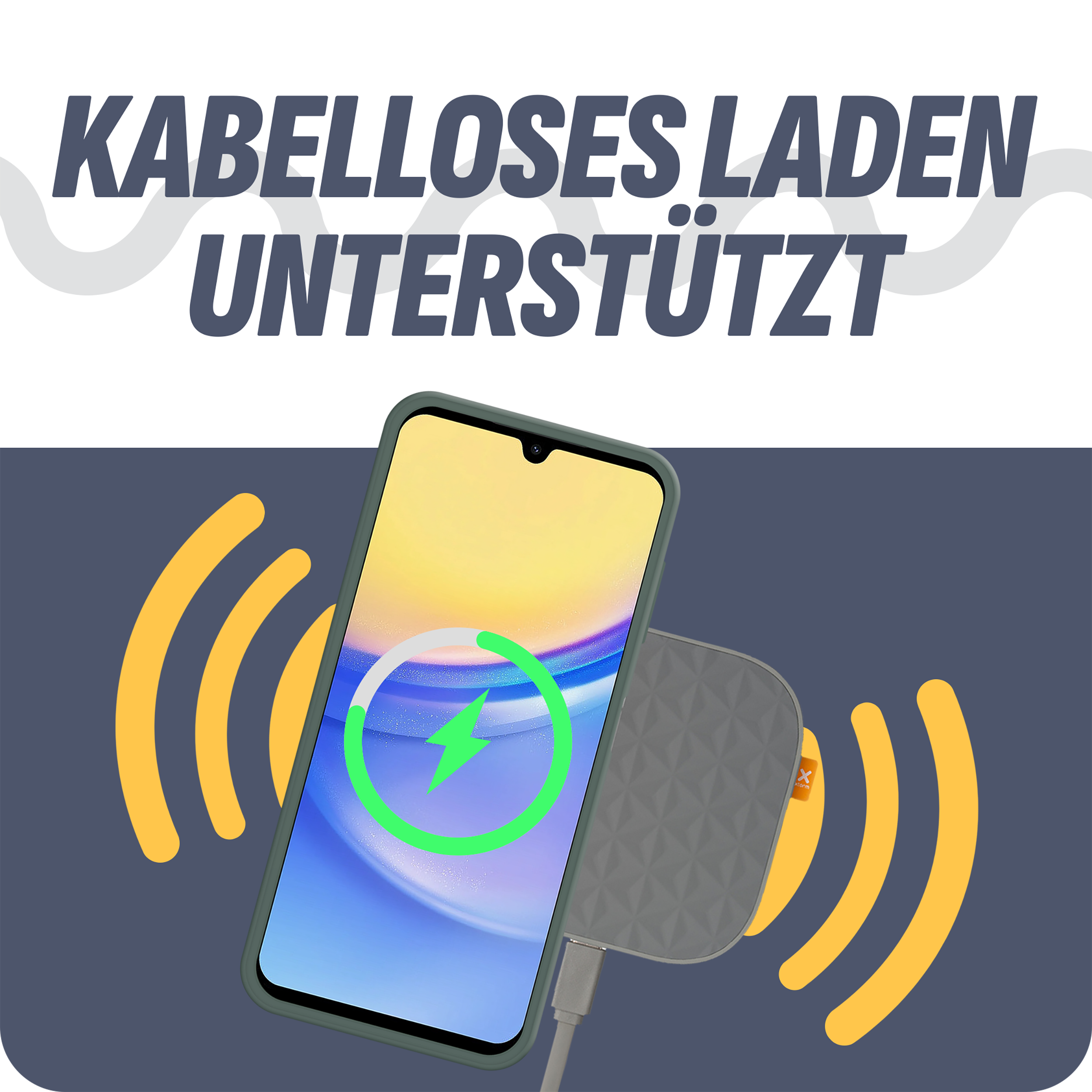 Telefon mit kabellosem Laden, Handyhülle und Ladegerät.
