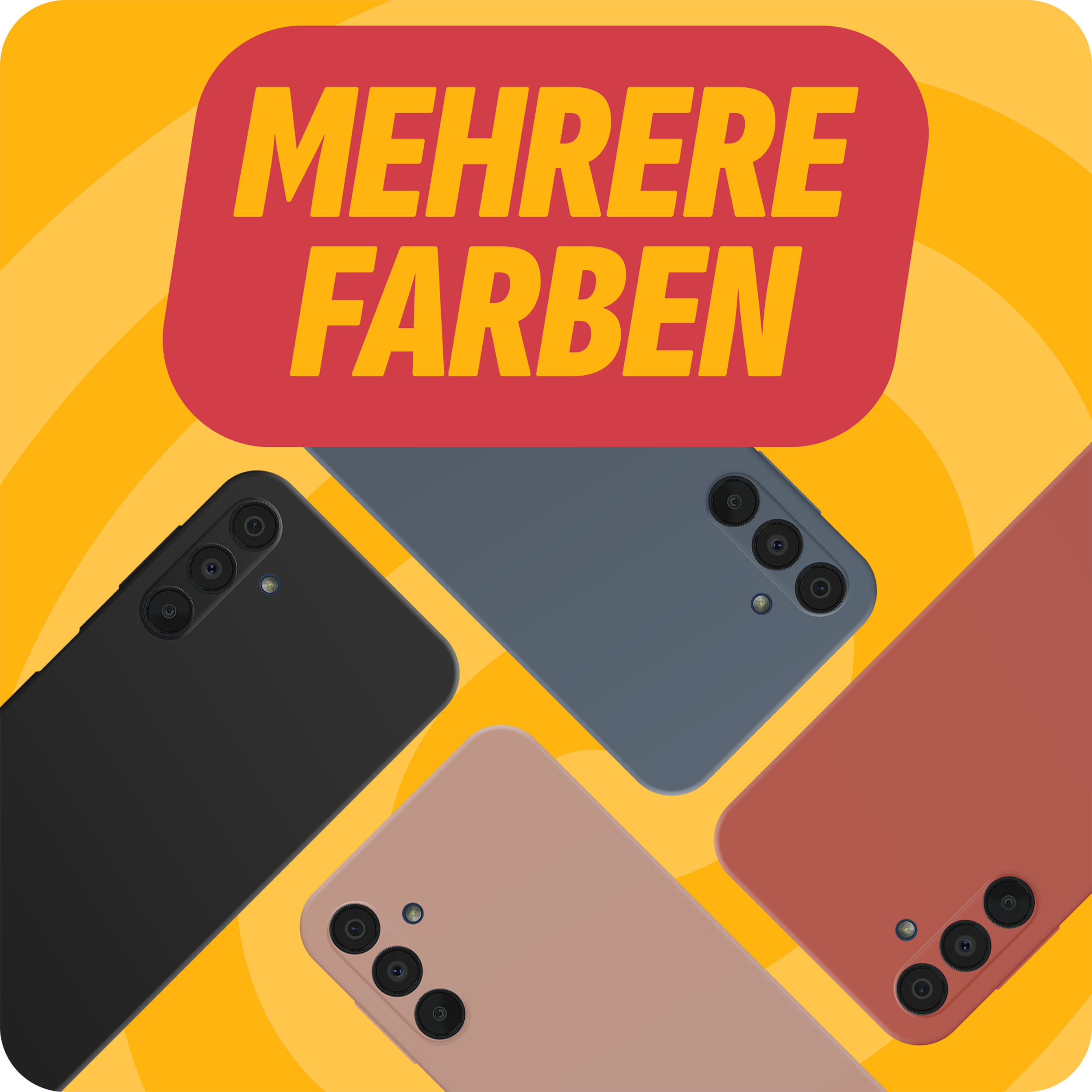 Bild von Handyhüllen. Text sagt: 'Mehrere Farben'. Hüllen sind schwarz, blau, rosa und rot.