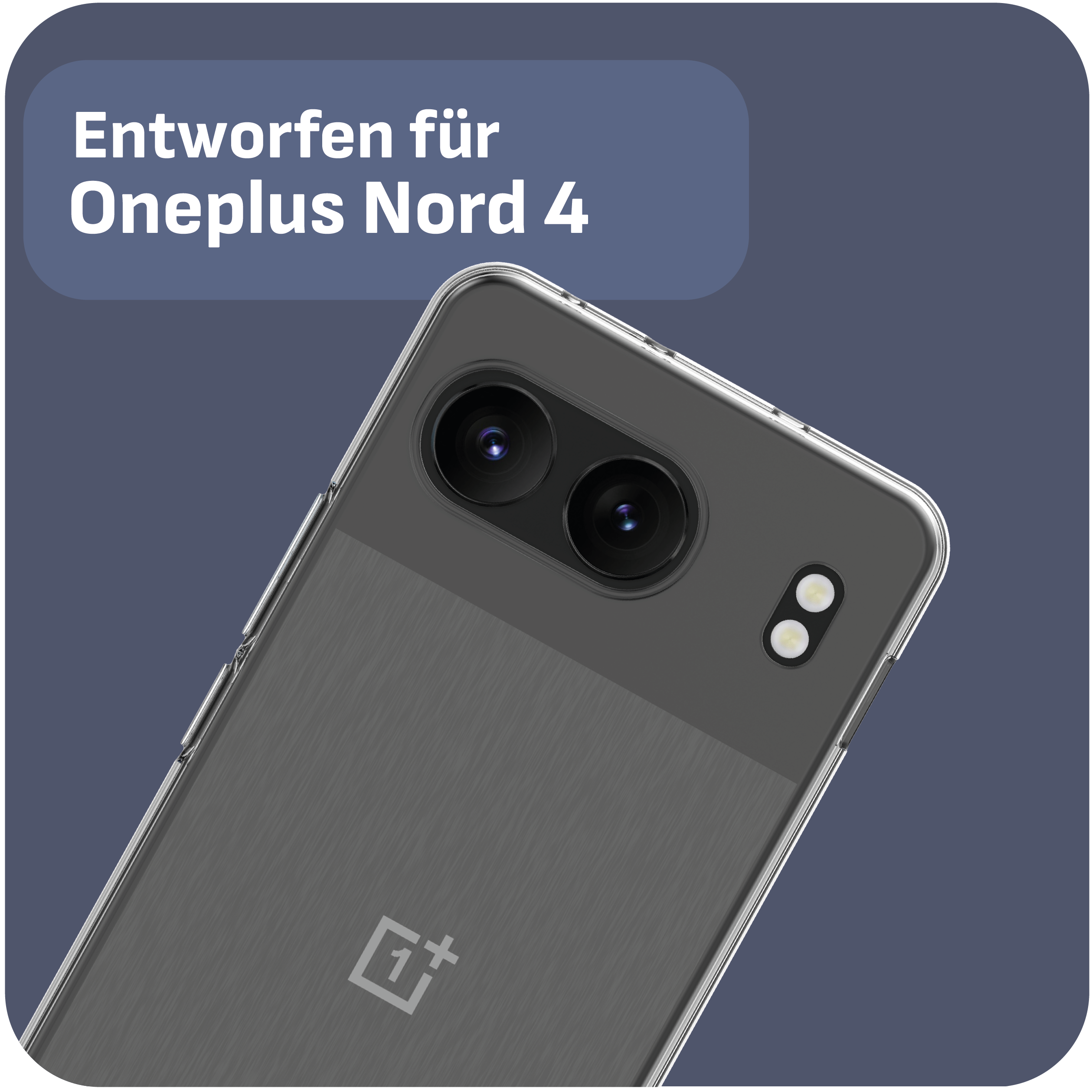 Eine Handyhülle mit Telefon darin, auf blauem Hintergrund. Text gibt an, dass es für OnePlus Nord 4 entworfen wurde.