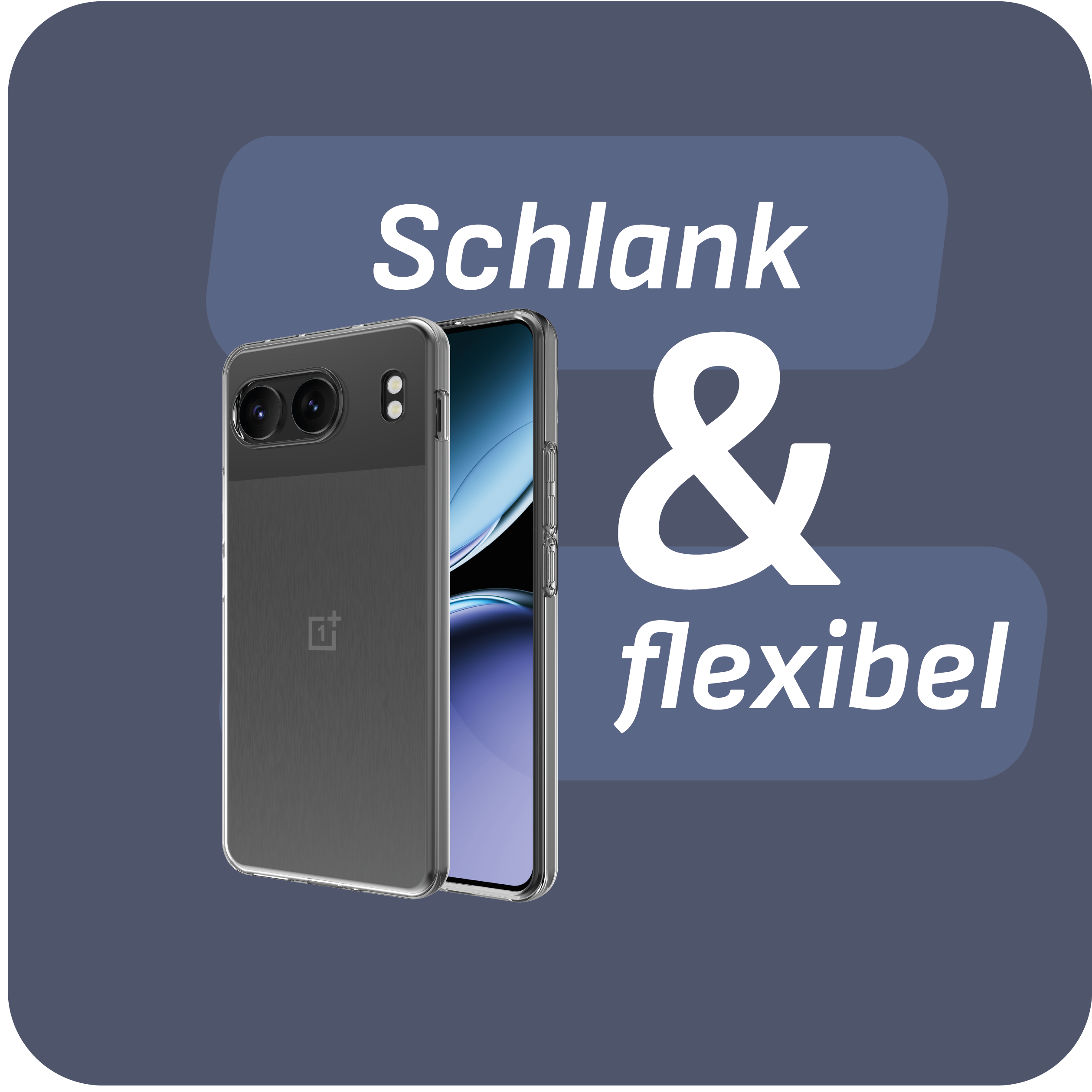 Eine Handyhülle mit Telefon. Der Text lautet: Schlank & flexibel.