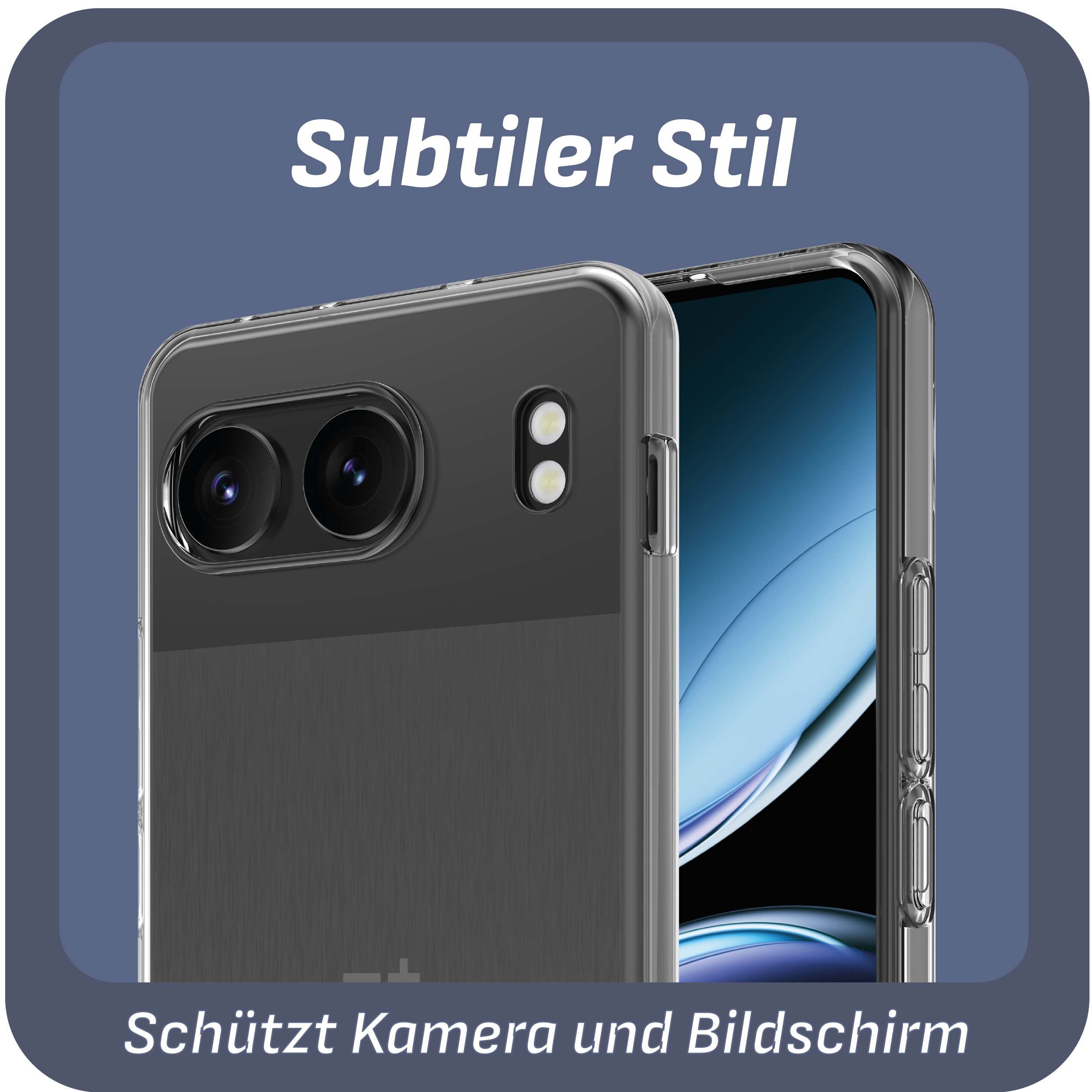 Zwei Handyhüllen, klar und schwarz, schützen Kamera und Bildschirm.