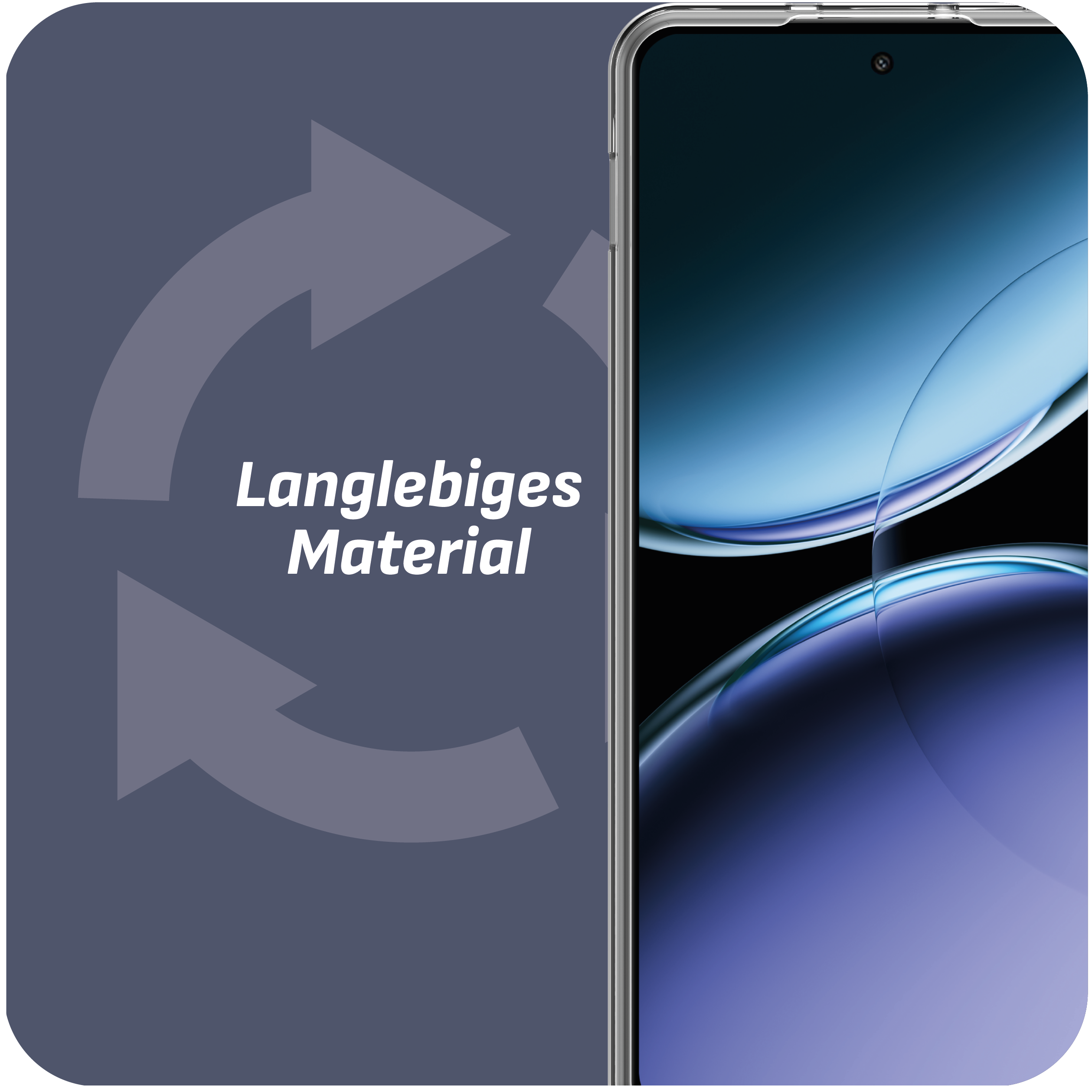 Ein Telefon mit Hülle wird gezeigt, mit Pfeilen, die es umkreisen, und dem Text "Langlebiges Material".