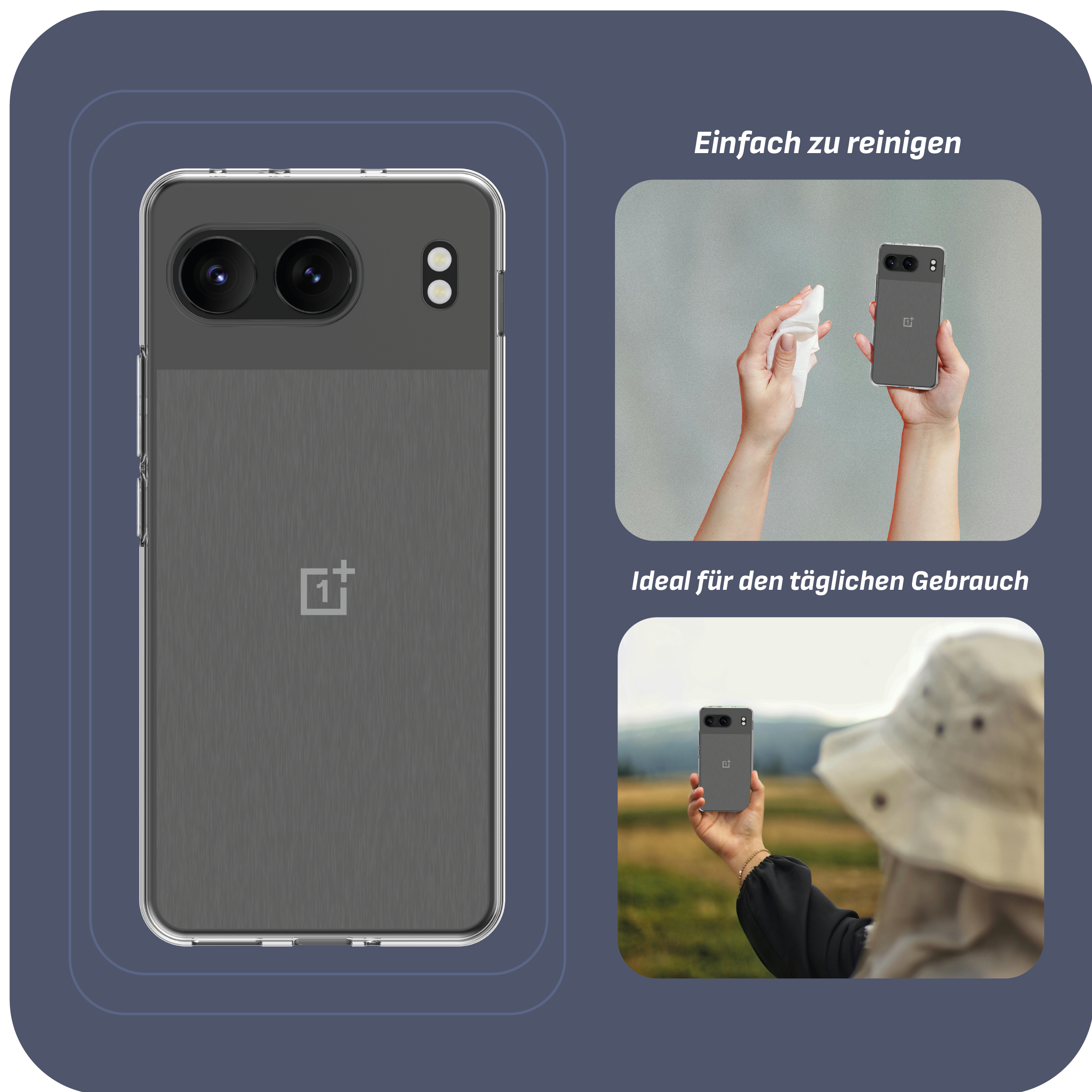 Telefonhülle mit Telefon. Graues Telefon, transparente Hülle, graue und schwarze Akzente. Zwei Bilder.