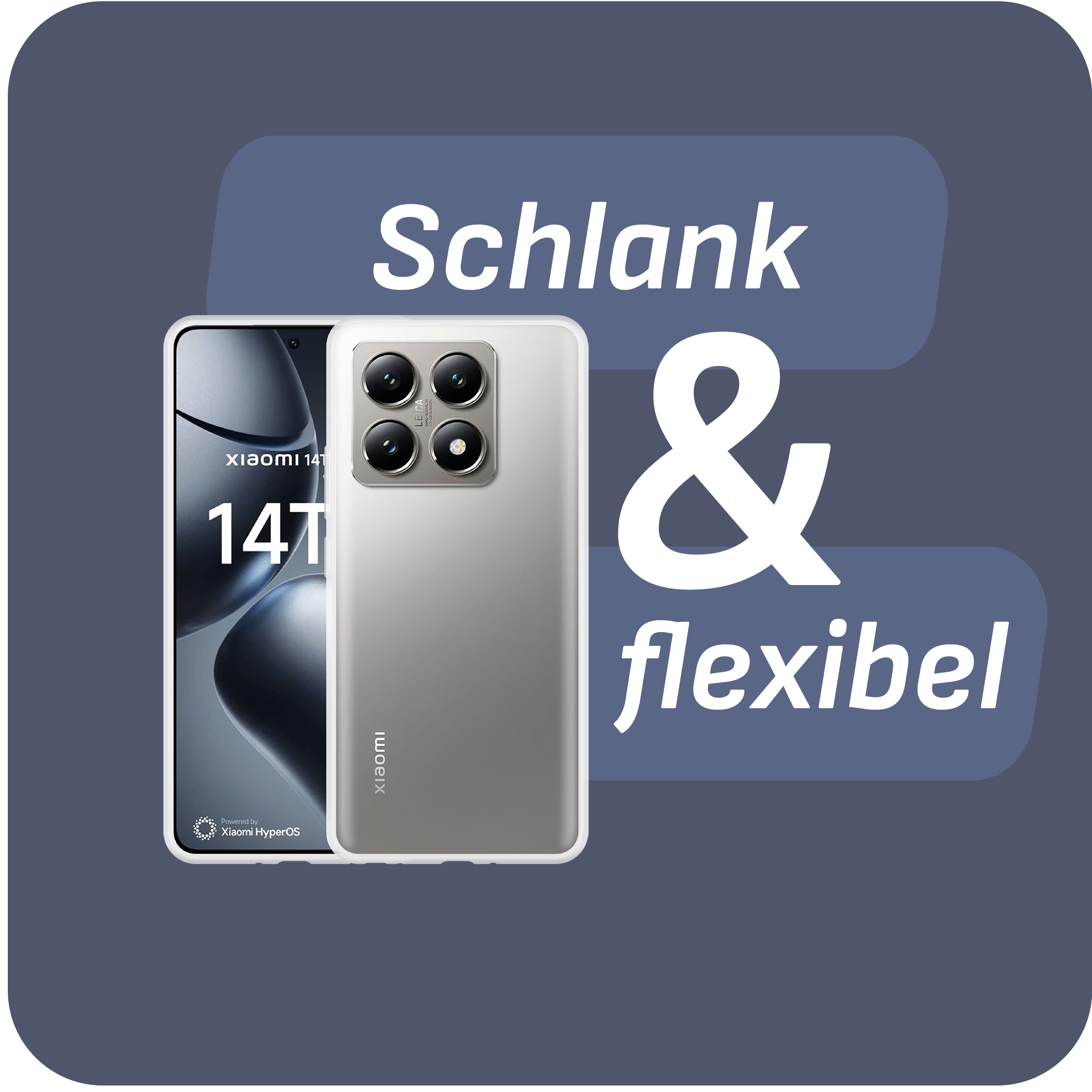 Silbernes Telefon mit Hülle, mit Text 'Schlank & flexibel' auf dunkelblauem Hintergrund.