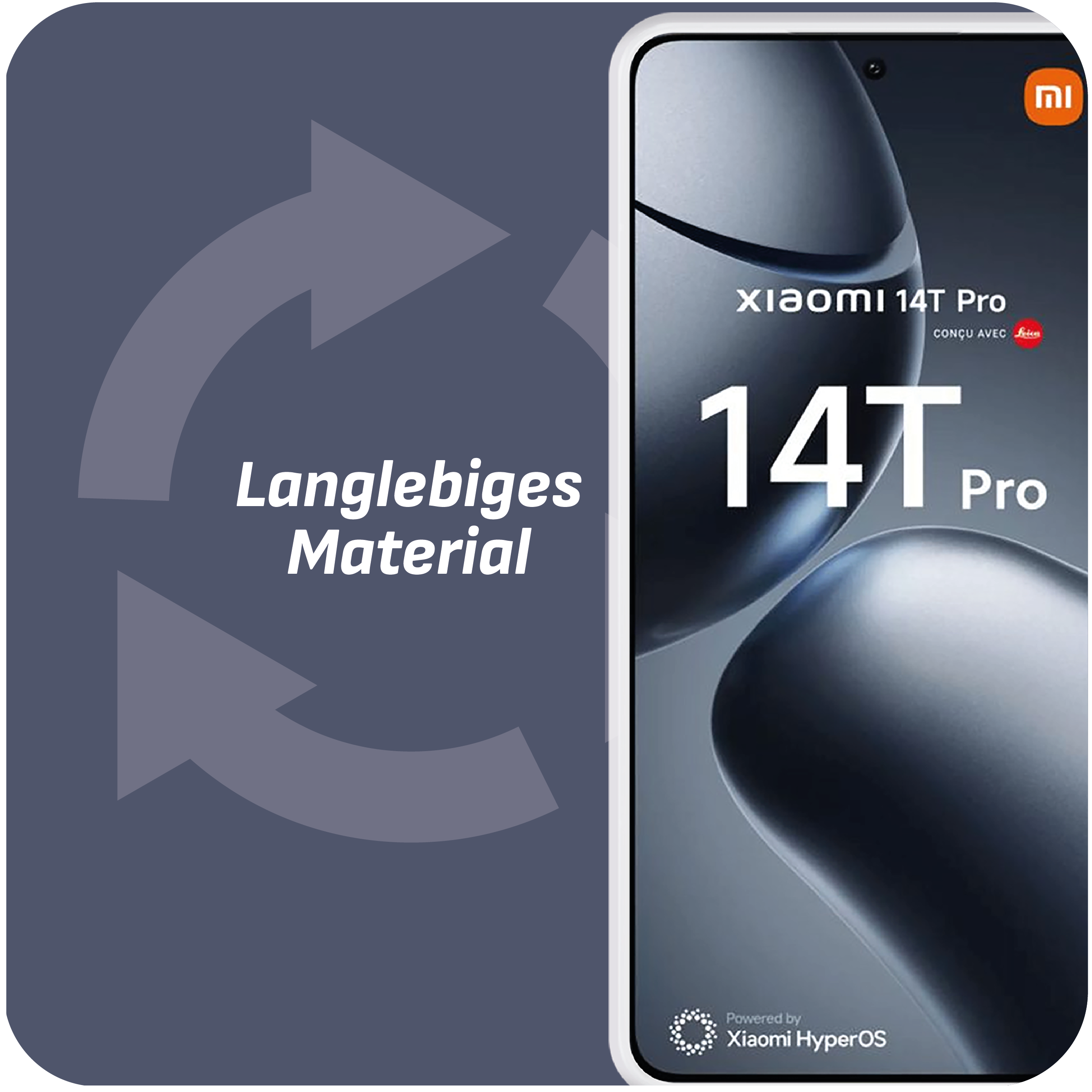 Ein Telefon mit großem Bildschirm und dem Text: Xiaomi 14T Pro, mit den Worten: Langlebiges Material und Pfeilen.