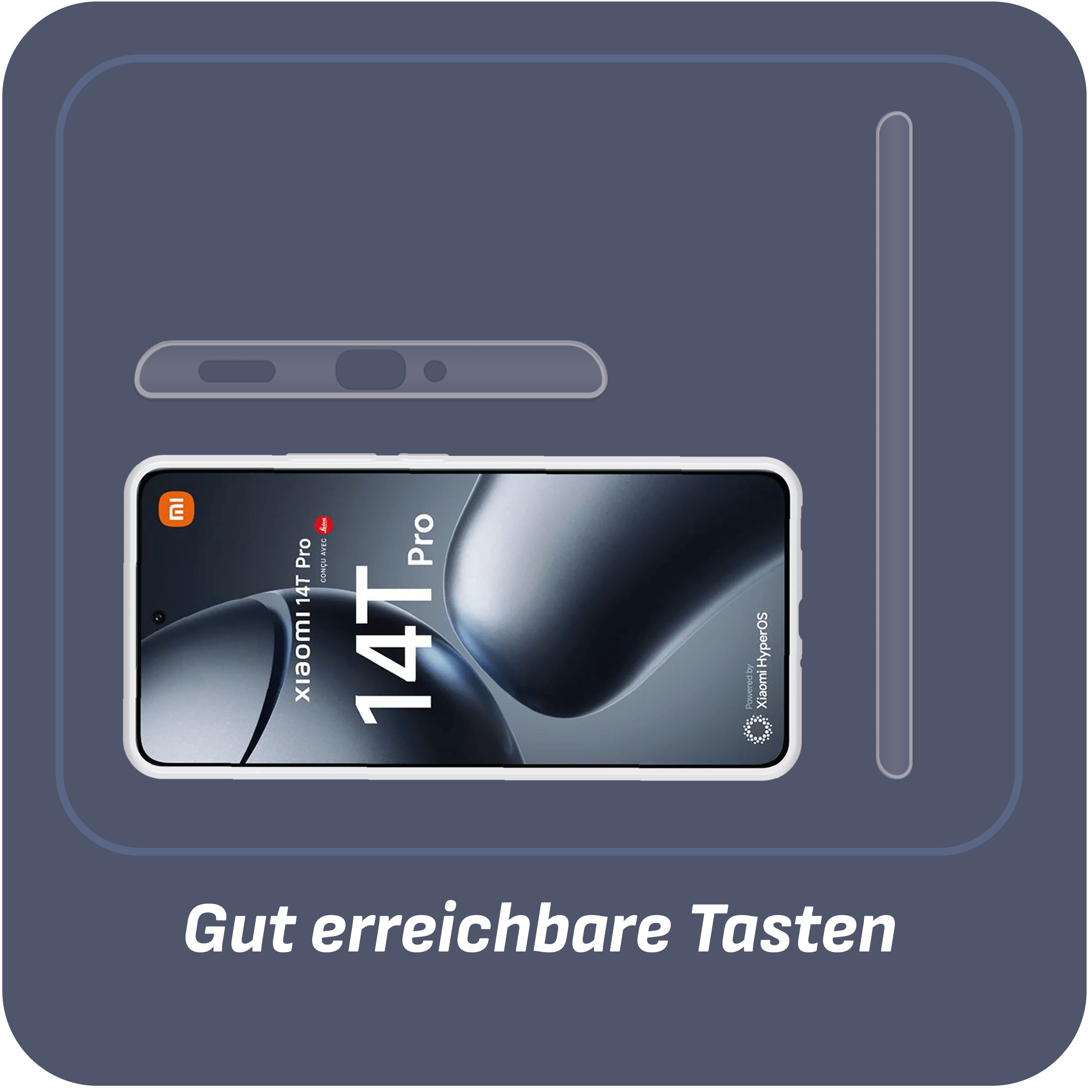 Ein Telefon auf einer grauen Oberfläche mit einer Hülle. Text: Xiaomi 14T Pro.