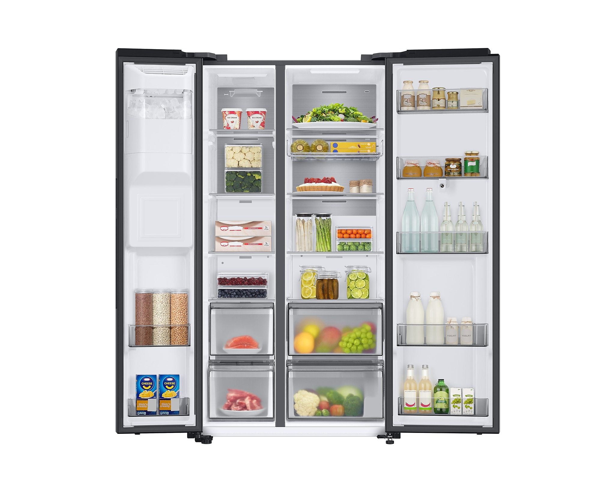 Frigorifero Samsung side-by-side nero aperto. Interno con alimenti. Sfondo bianco.