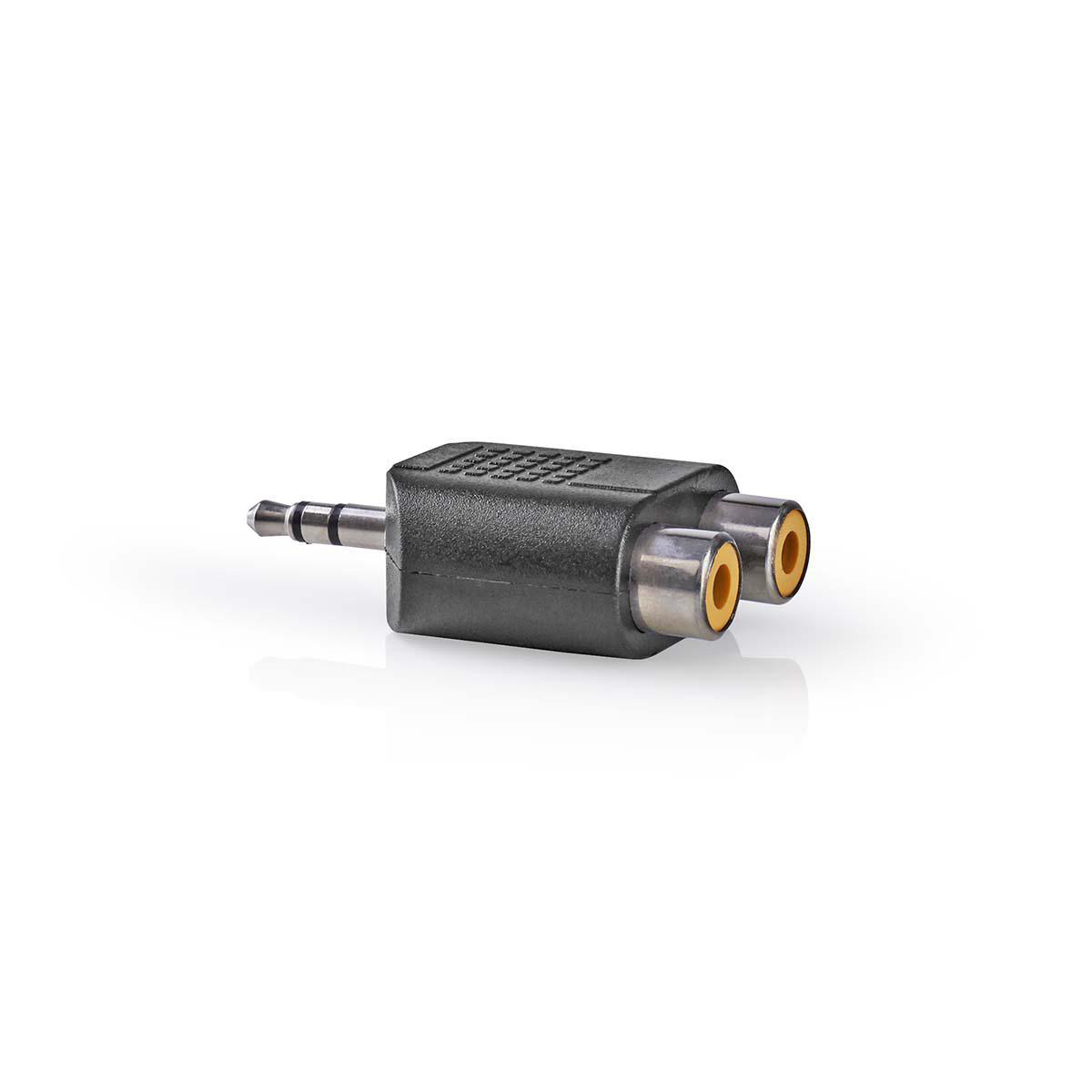Ein schwarzer Audioadapter. Er hat einen 3,5-mm-Klinkenstecker und zwei Cinch-Buchsen.
