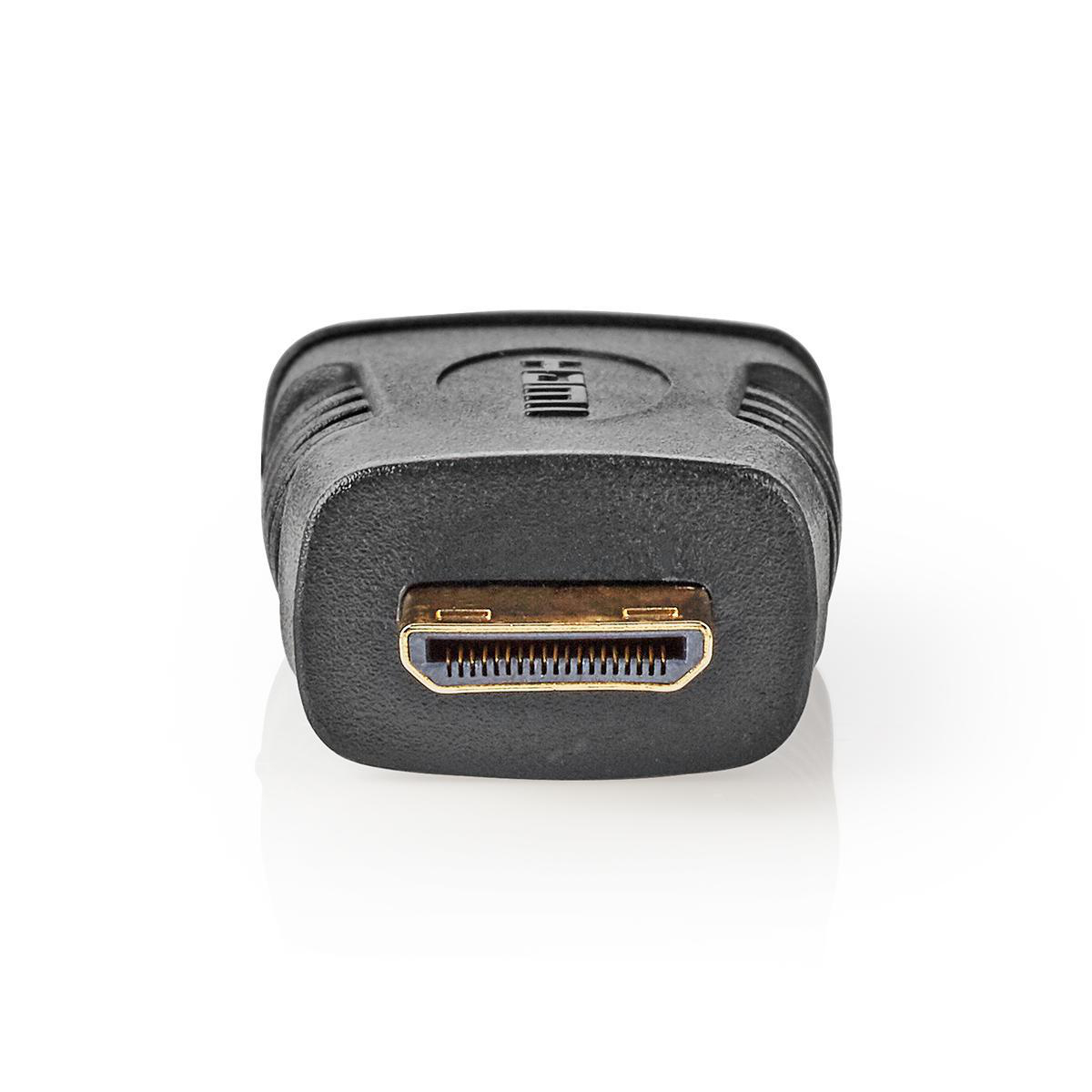 Ein schwarzer HDMI-Adapter mit goldfarbenem HDMI-Anschluss, von der Seite betrachtet.