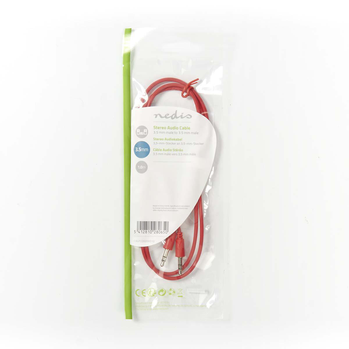 Cavo audio rosso da 3,5 mm in confezione di plastica trasparente.