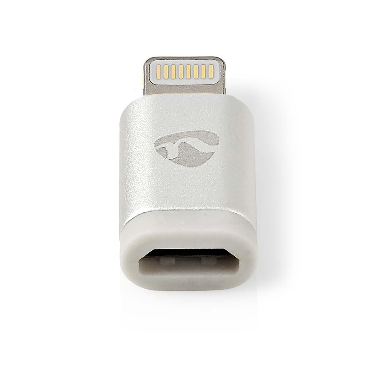 Adaptateur Lightning vers USB, blanc avec le dessus argenté. Sur un fond blanc.