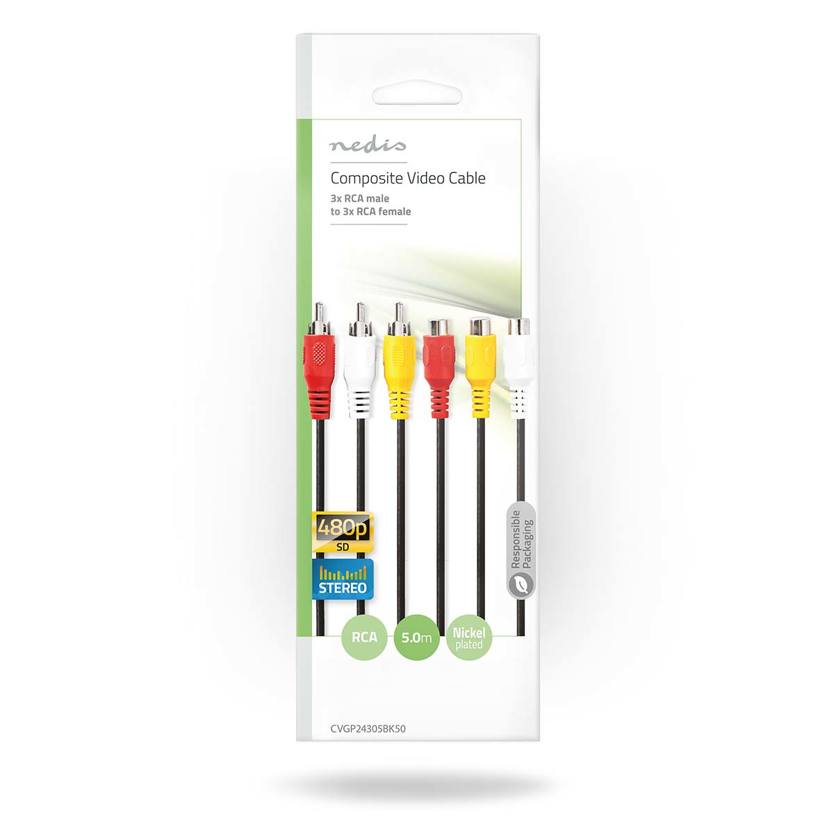 Composite video cable package with RCA connectors in white, red, yellow, and white.