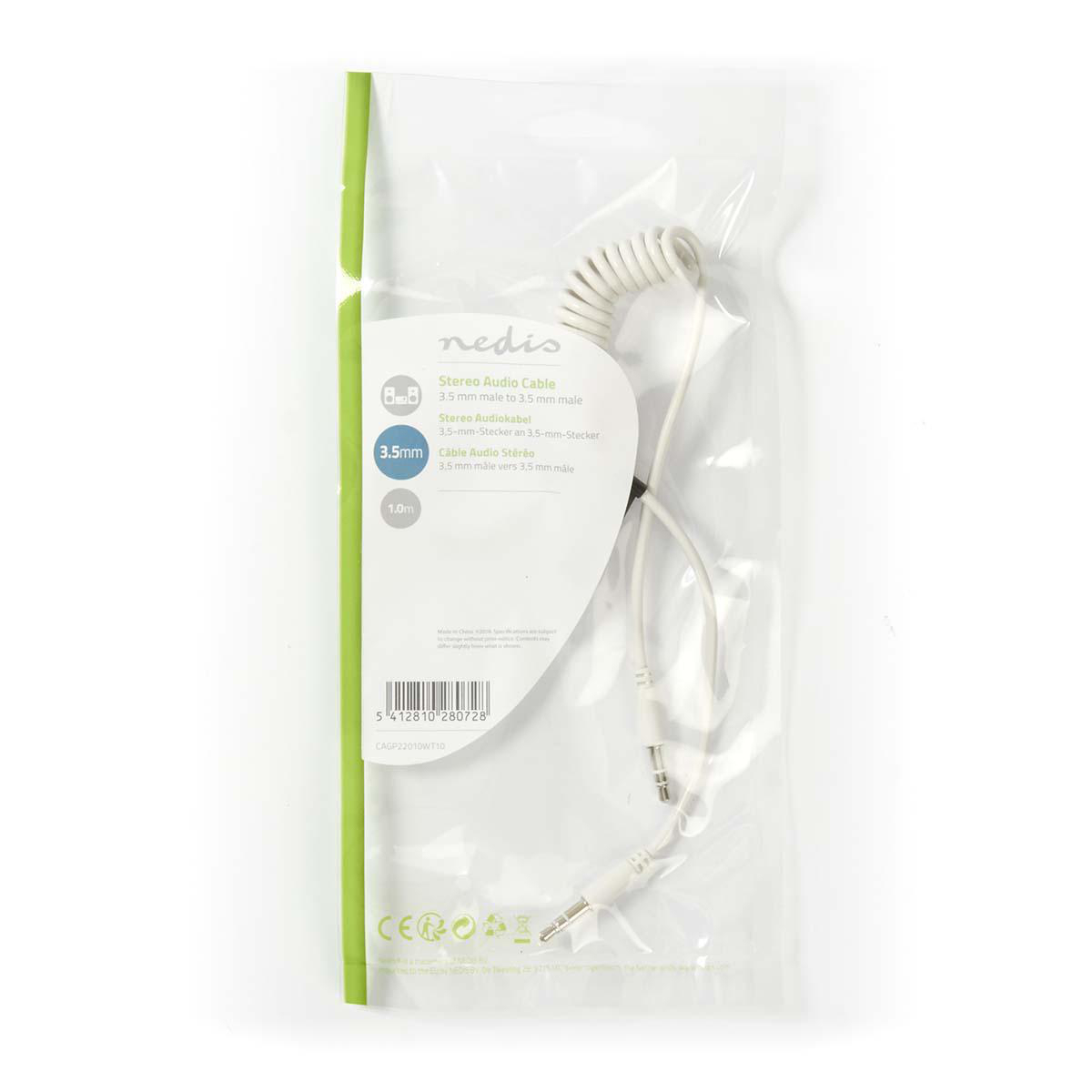 Câble audio stéréo blanc enroulé dans un emballage plastique. 3,5 mm mâle à mâle.