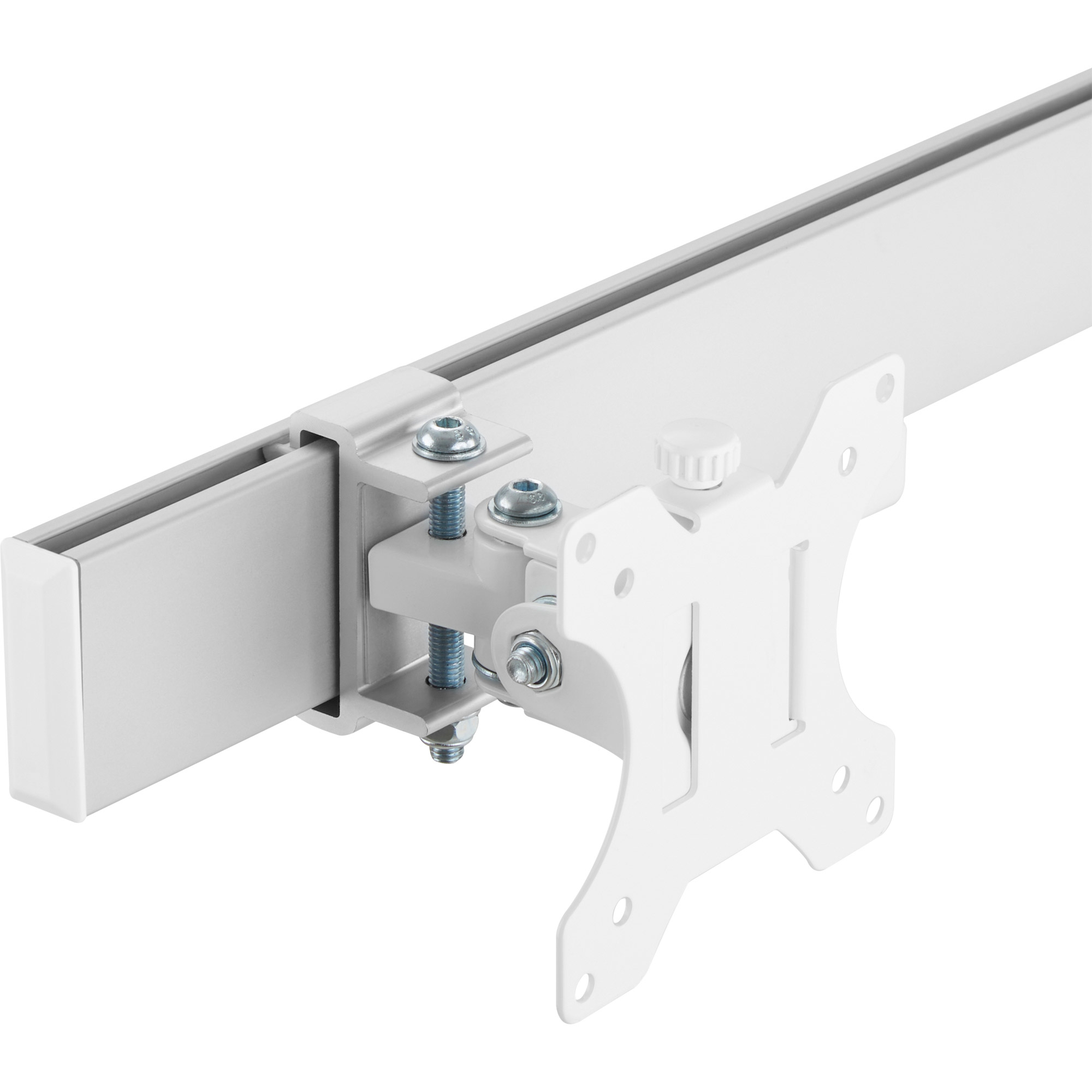 Eine weiße Metall-Monitorhalterung mit Schiene, Halterung und Schrauben. Isoliert auf weißem Hintergrund.