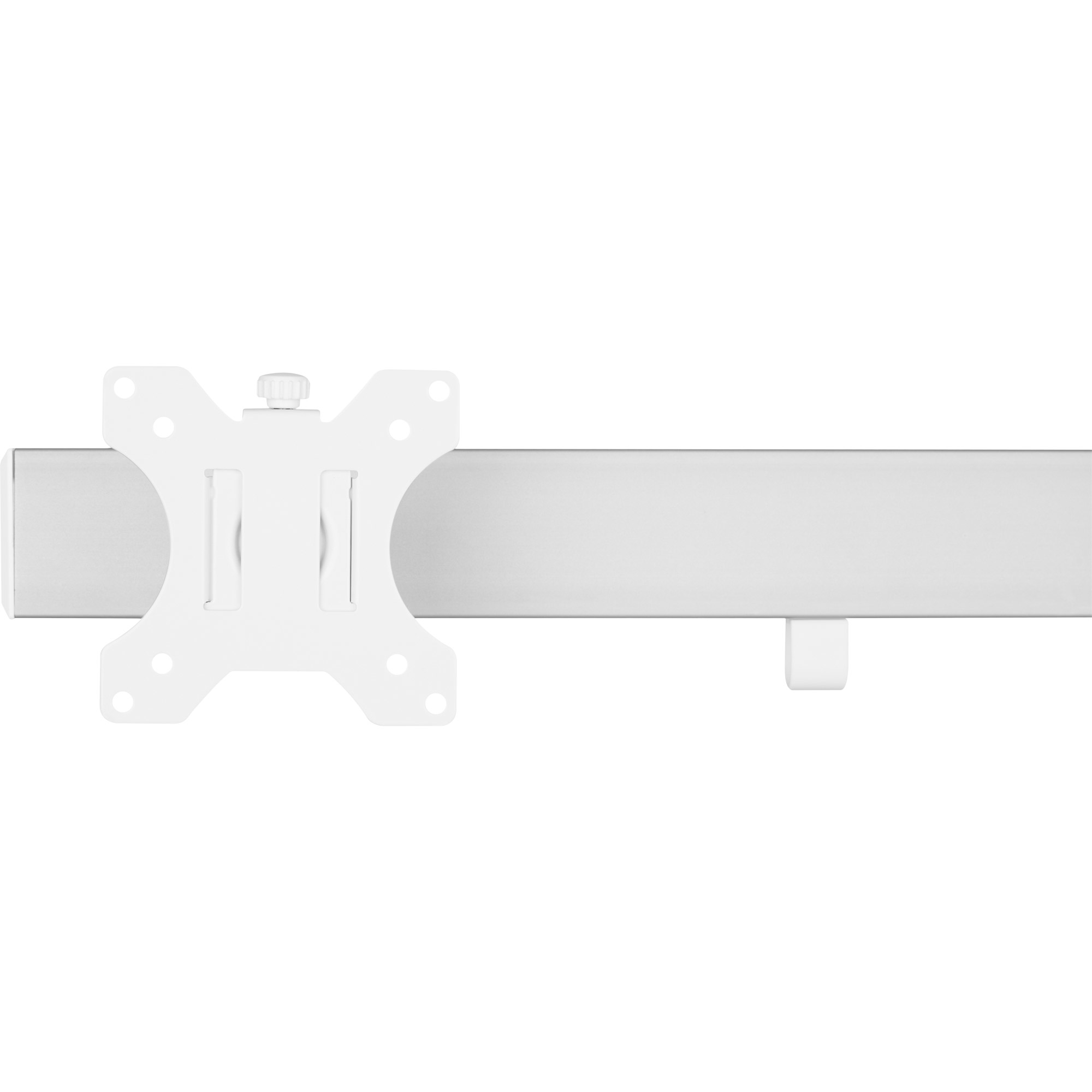 Eine weiße, verstellbare Monitorhalterung. Sie hat eine Montageplatte und einen länglichen, horizontalen Arm.