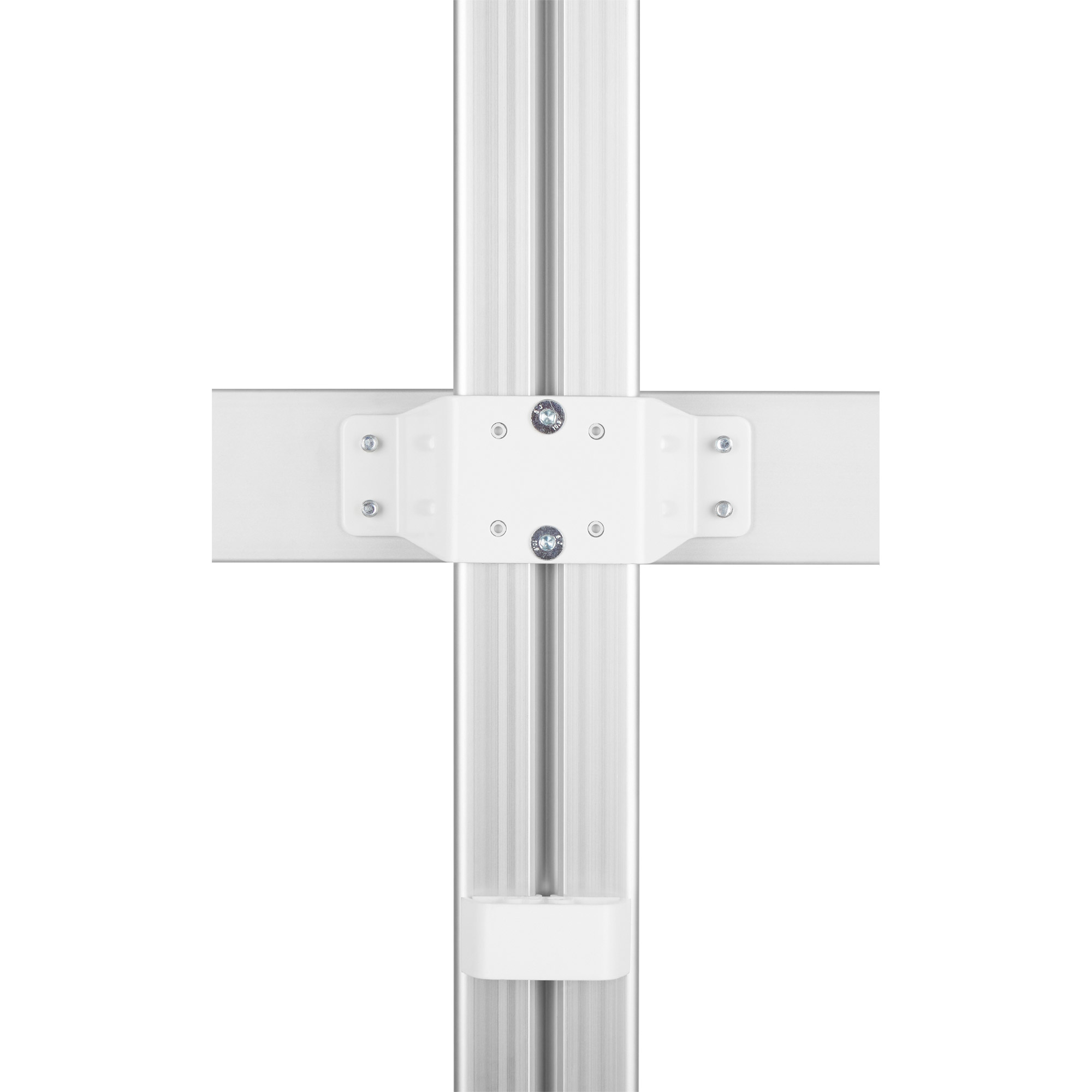 Eine weiße Halterungsstruktur mit Schrauben. An vertikaler Metallstange und horizontaler Metallstange befestigt.