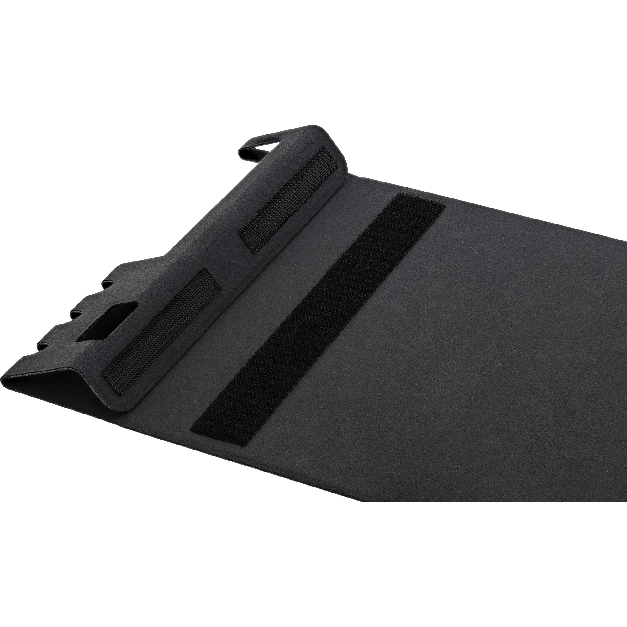 Schwarze Oberfläche mit schwarzem Band, befestigt mit Klettverschluss. Die Oberfläche befindet sich auf weißem Hintergrund.