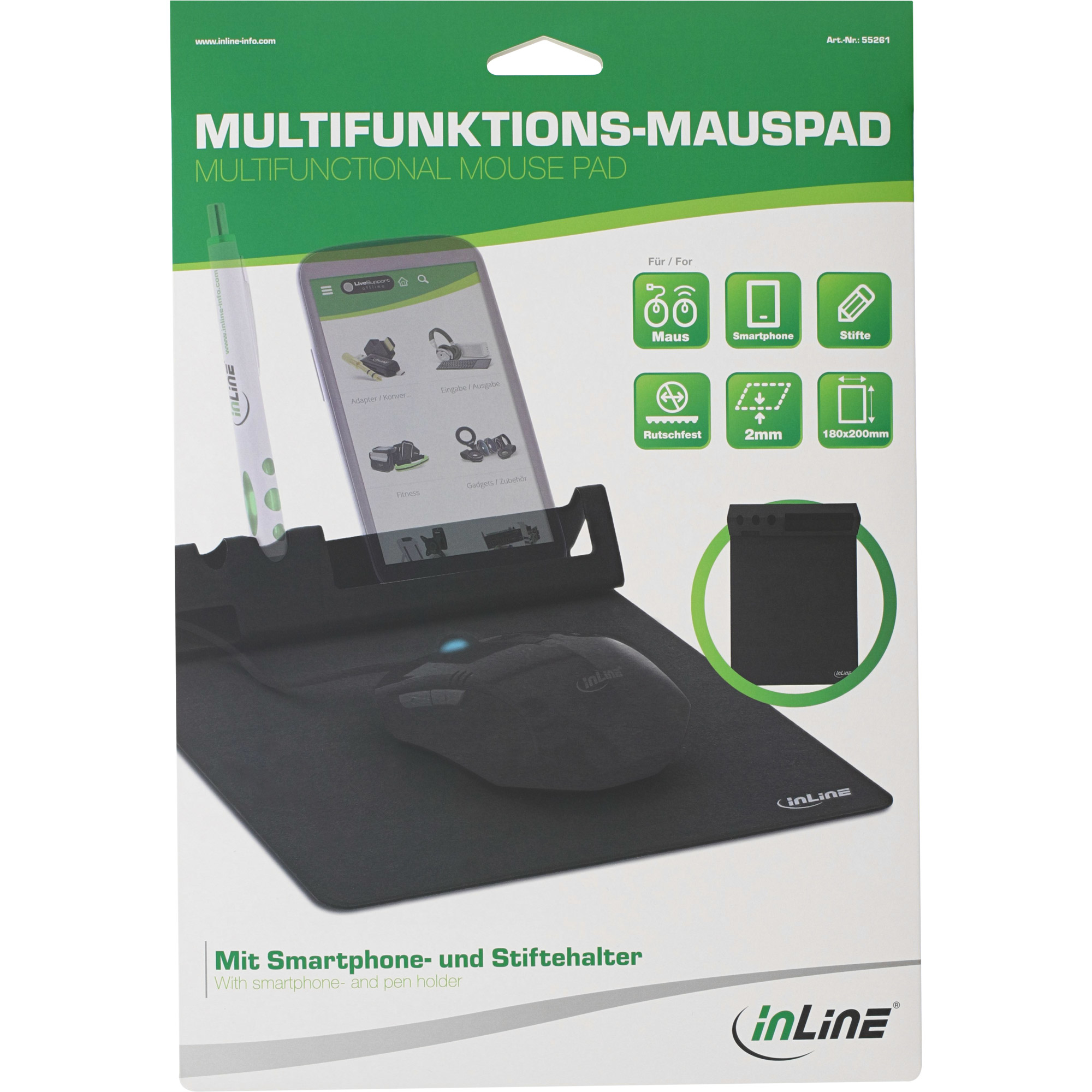 Weiß-grüne Mauspad-Verpackung mit Maus, Smartphone-Halter und Stifthalter. Schwarze Maus darauf.