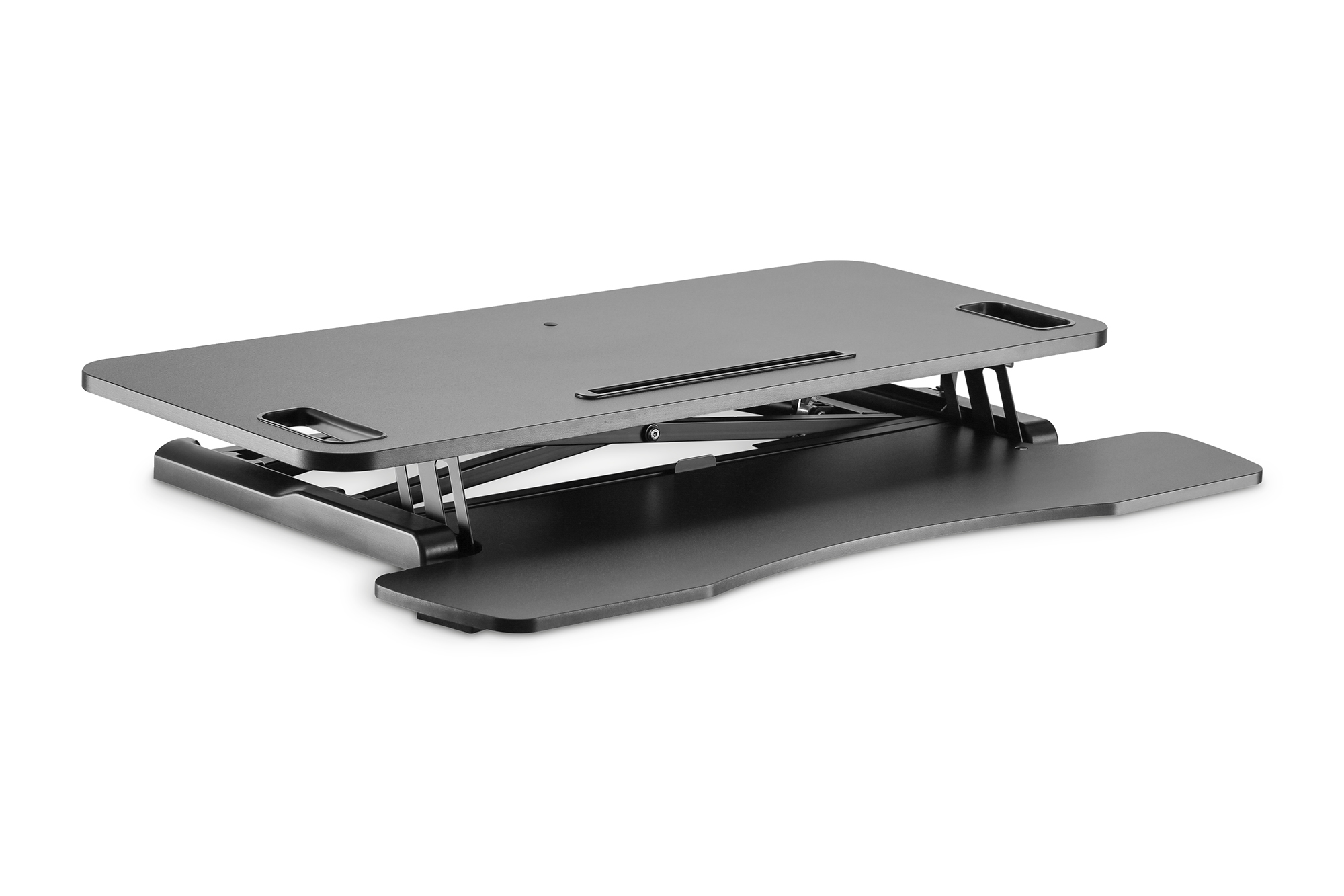 Czarny, regulowany wysokość biurko. Ma główną powierzchnię i mniejszą.