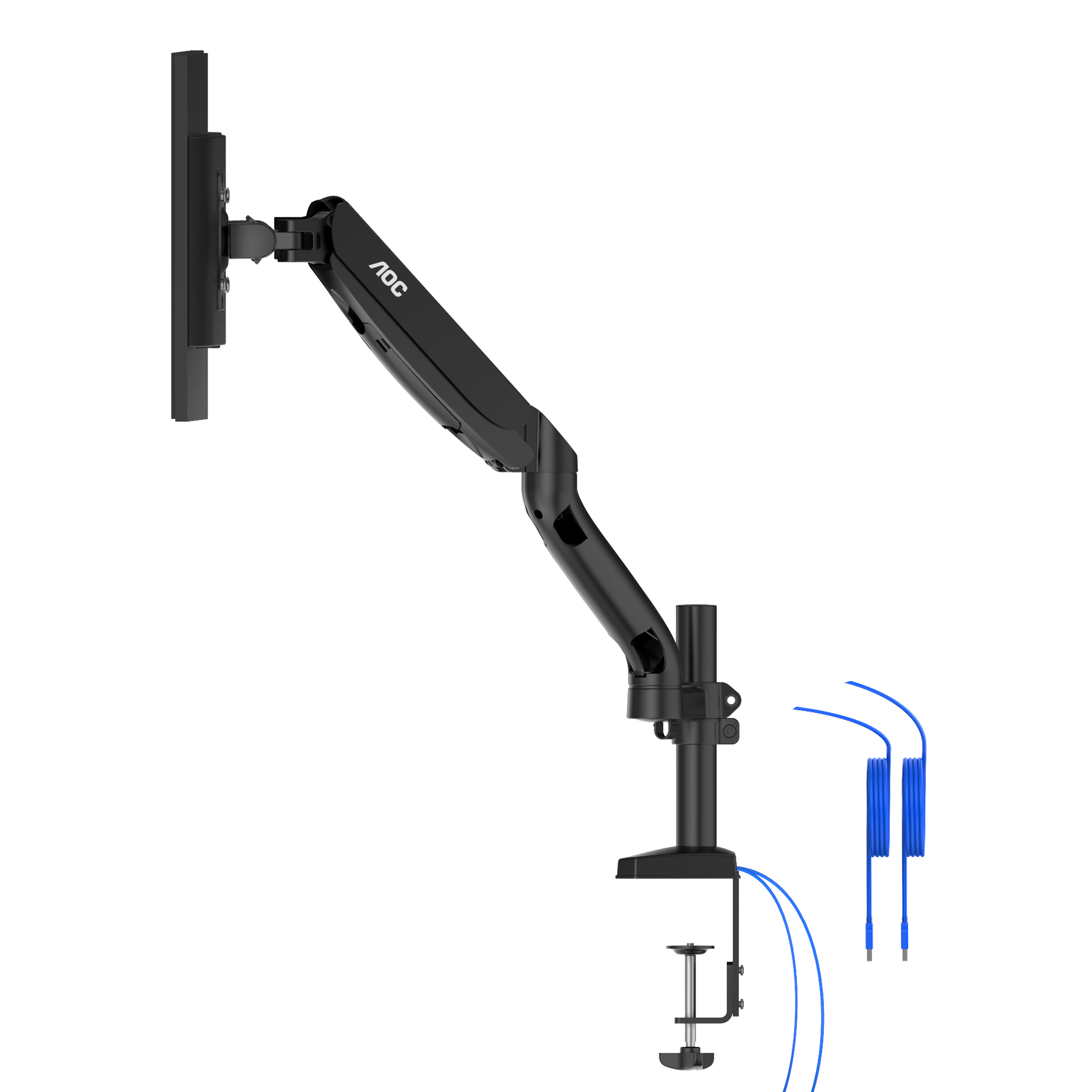 Braccio monitor nero con schermo, cavi blu e base a morsetto.