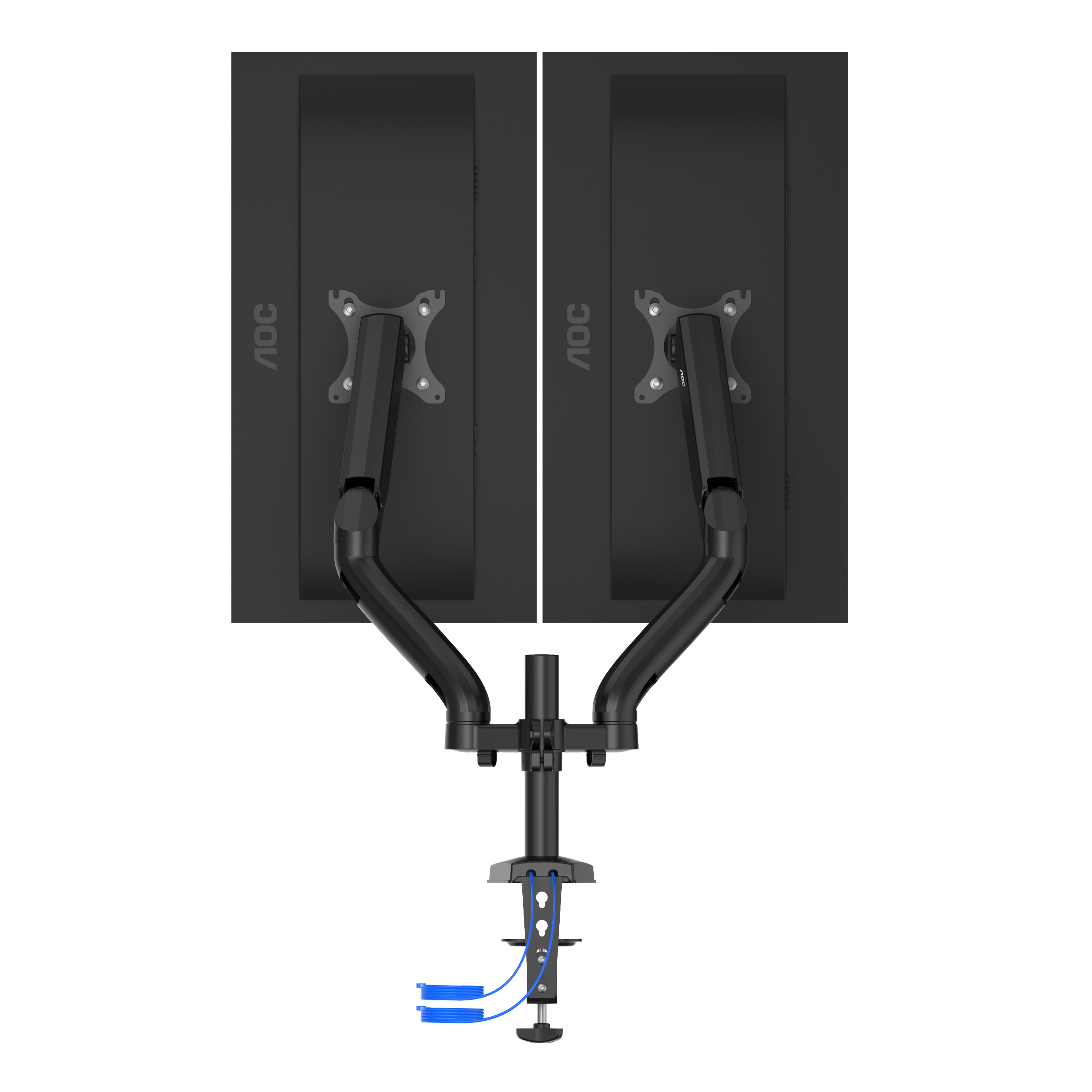 Due monitor per computer neri montati su un supporto a doppio braccio.