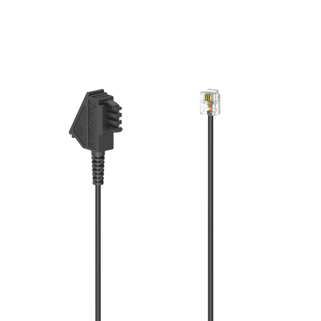 Zwei schwarze Telefonkabelanschlüsse werden gezeigt. Einer ist ein RJ11 und der andere ein RJ45.