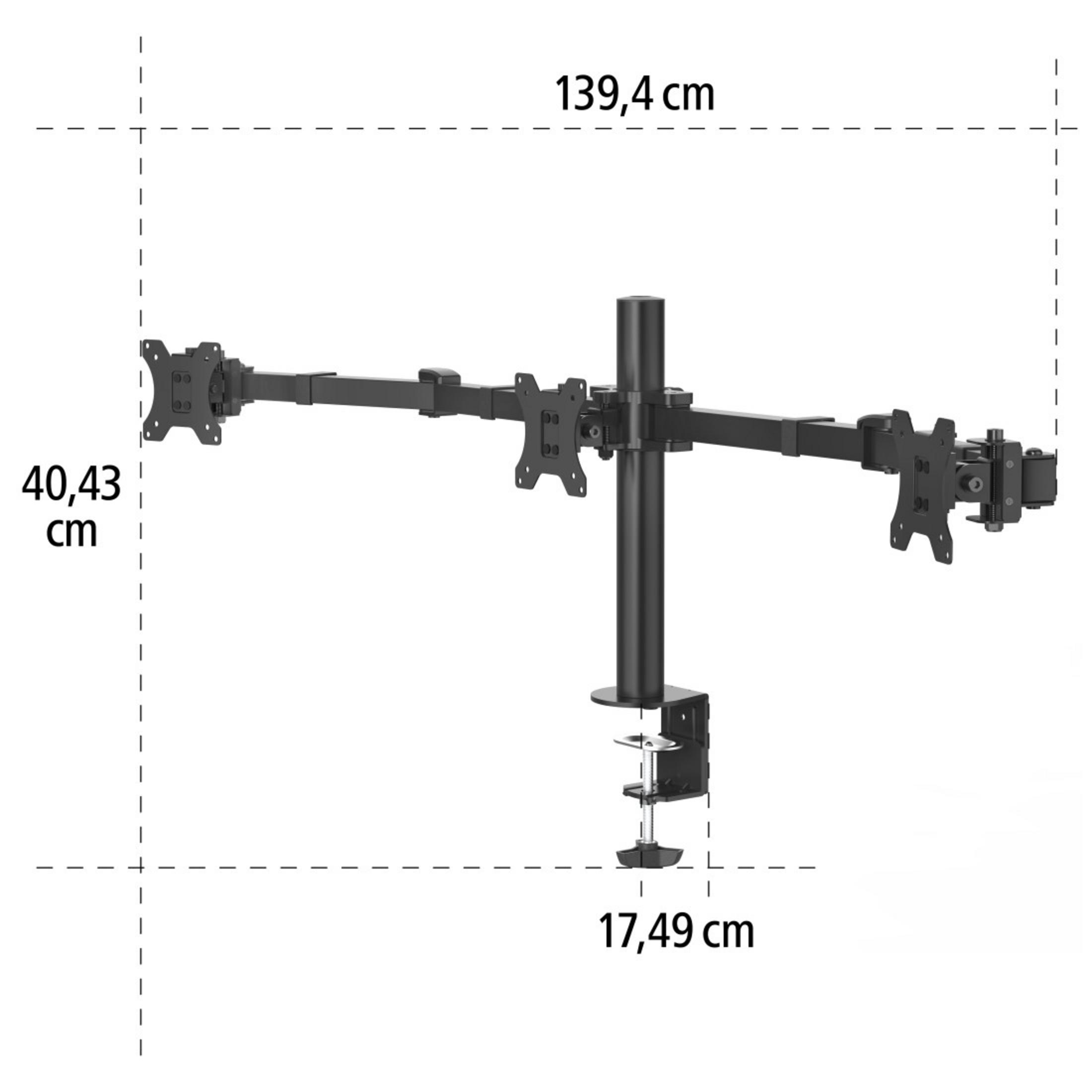 Czarny stojak na monitor o wymiarach 139,4 cm x 40,43 cm x 17,49 cm.