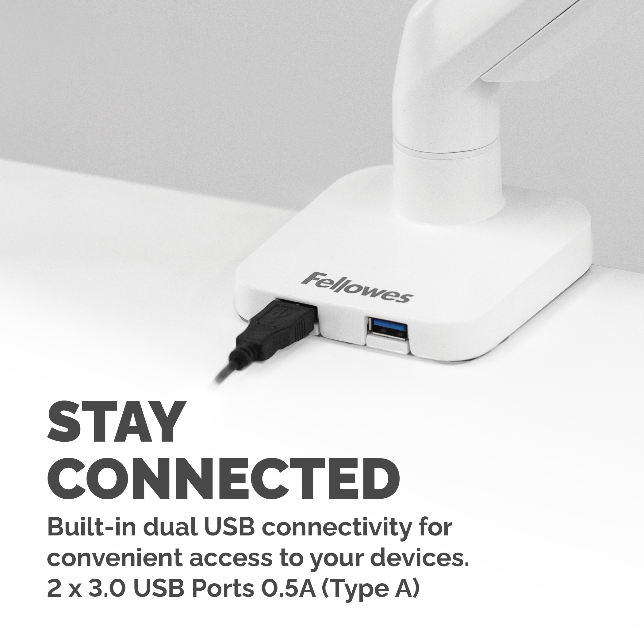 Supporto da scrivania bianco con marchio Fellowes, cavo nero e porte USB.