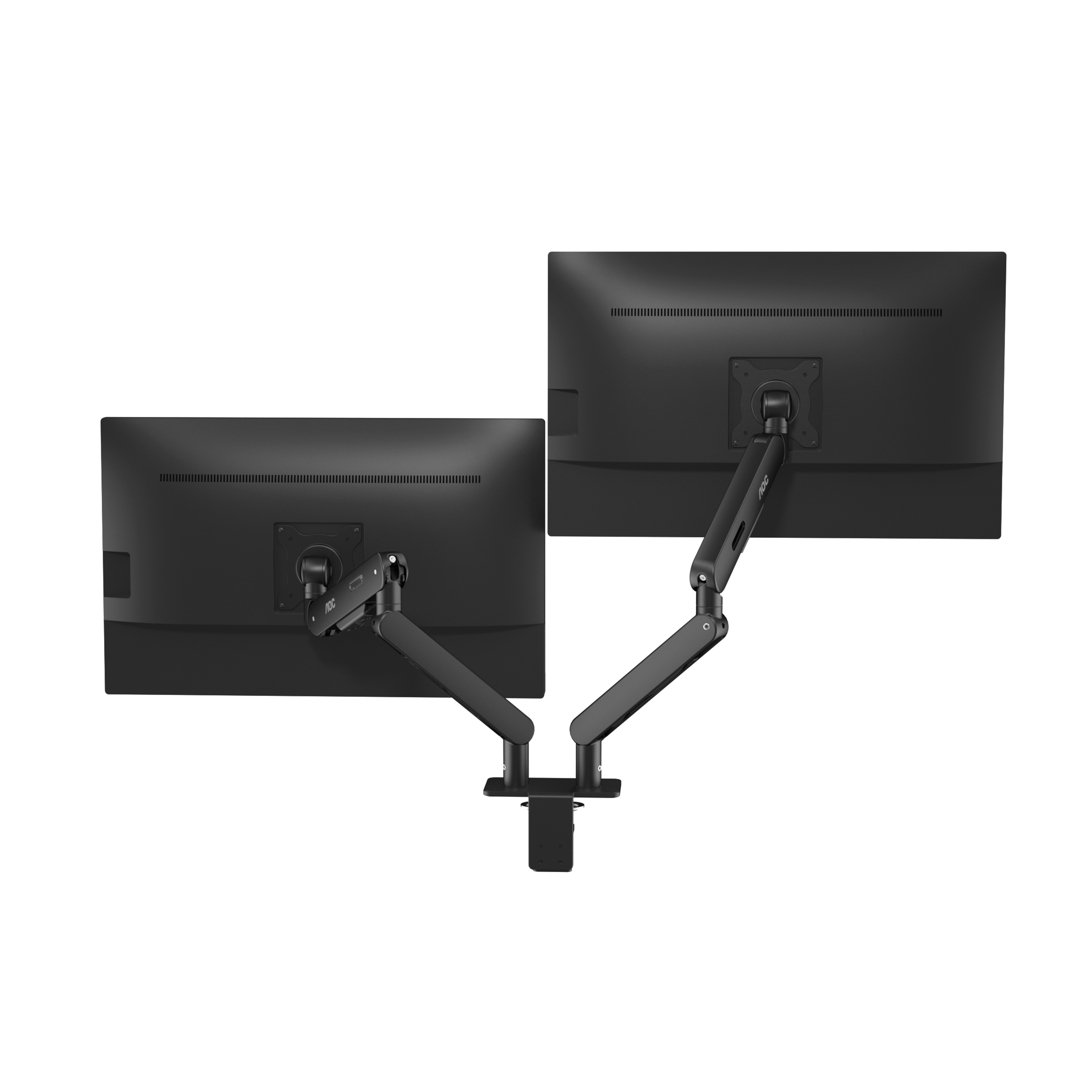 Twee zwarte computermonitoren verbonden met een zwarte armstandaard, van achteren bekeken.