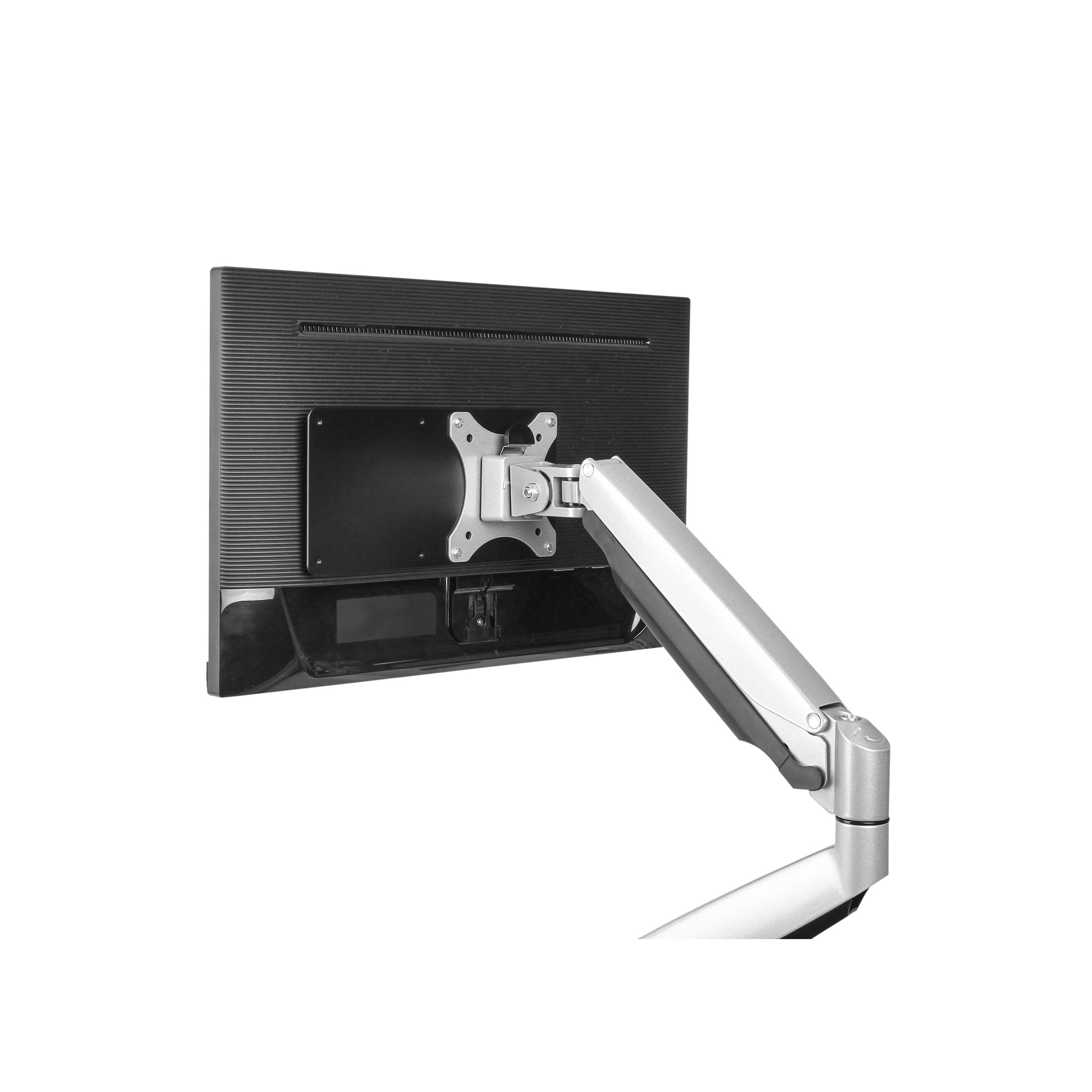 Ein Monitor, der auf einem silbernen und schwarzen, verstellbaren Arm montiert ist, vor weißem Hintergrund.