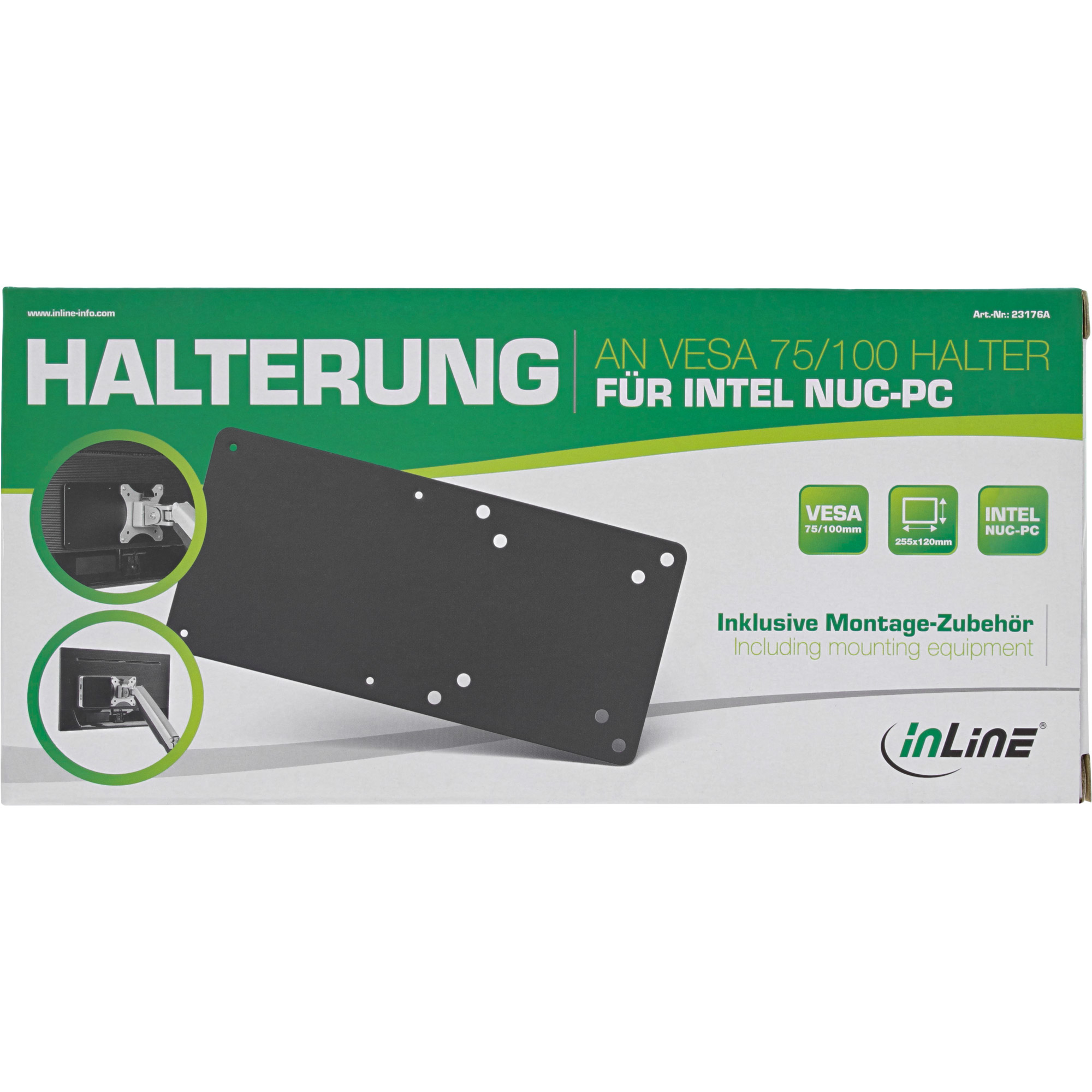 Eine schwarze Montagehalterungsbox mit weißem Text und Diagrammen, für Intel NUC-PC.