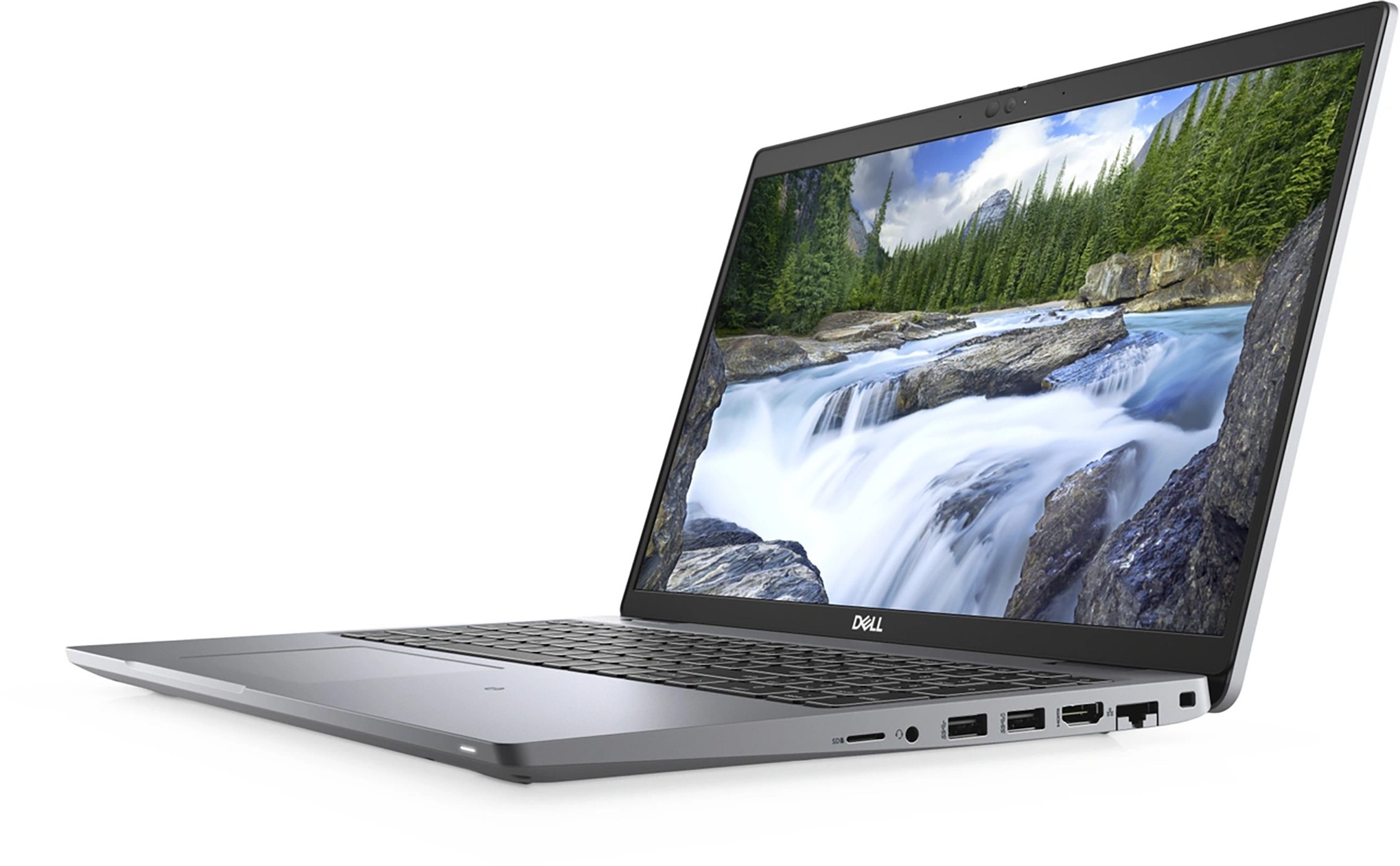 Silver laptop on white surface, screen displays a river landscape.