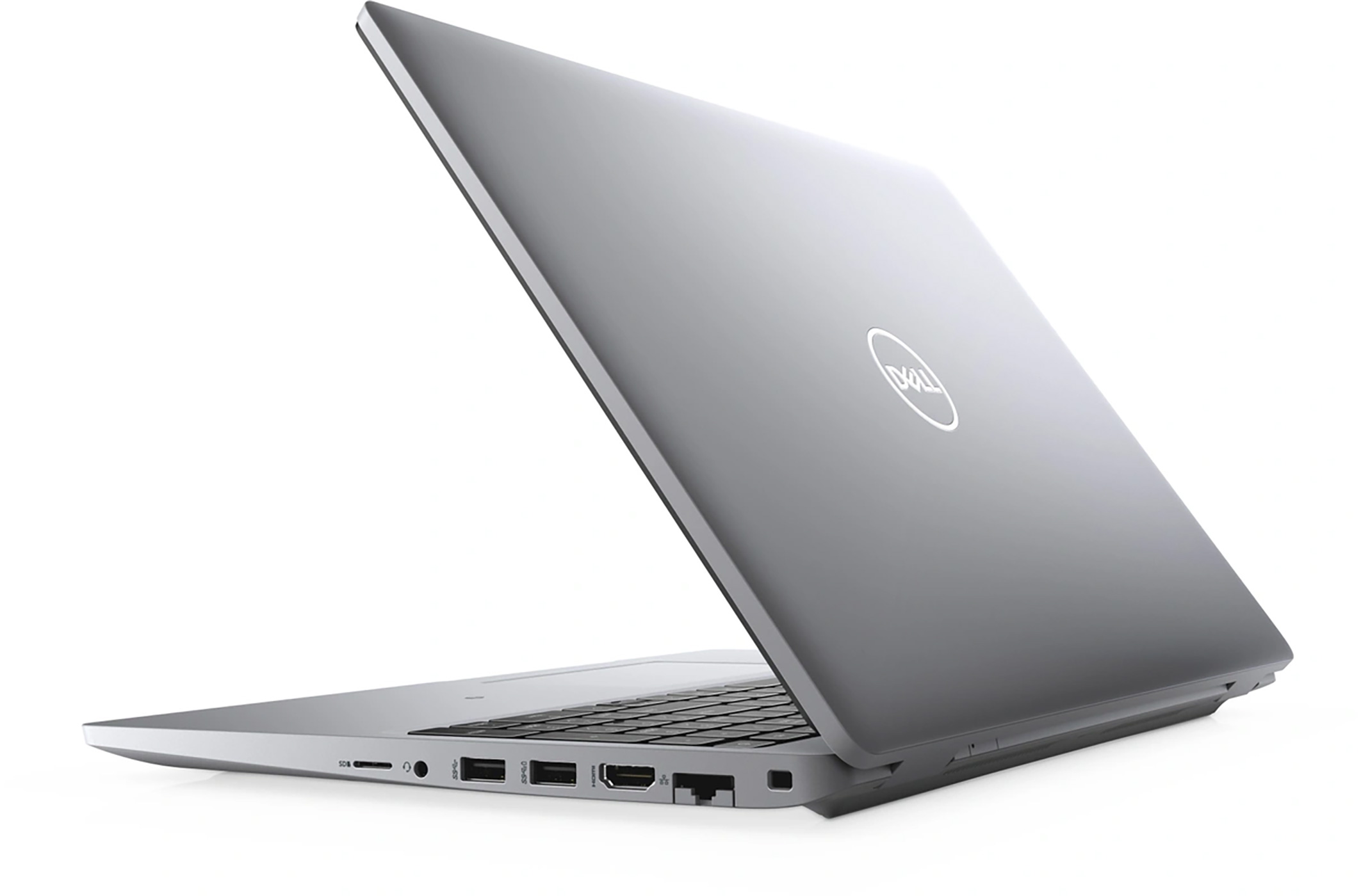 A silver Dell laptop. The lid is open, revealing the keyboard and screen. The Dell logo is visible.