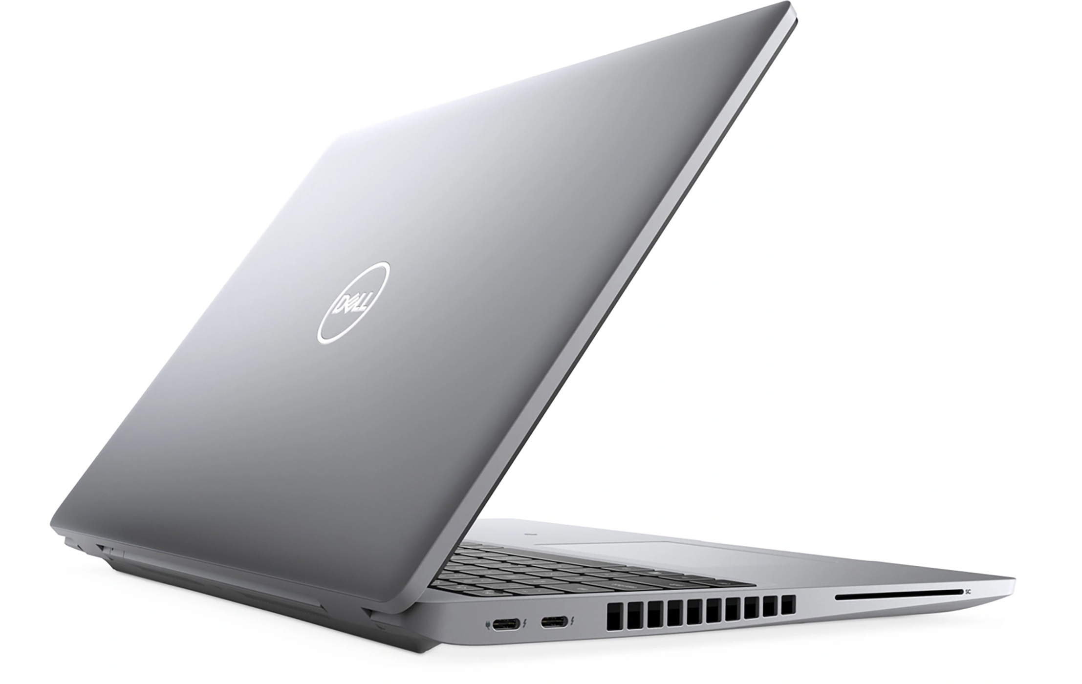 Silver laptop with the Dell logo, open on a white background.
