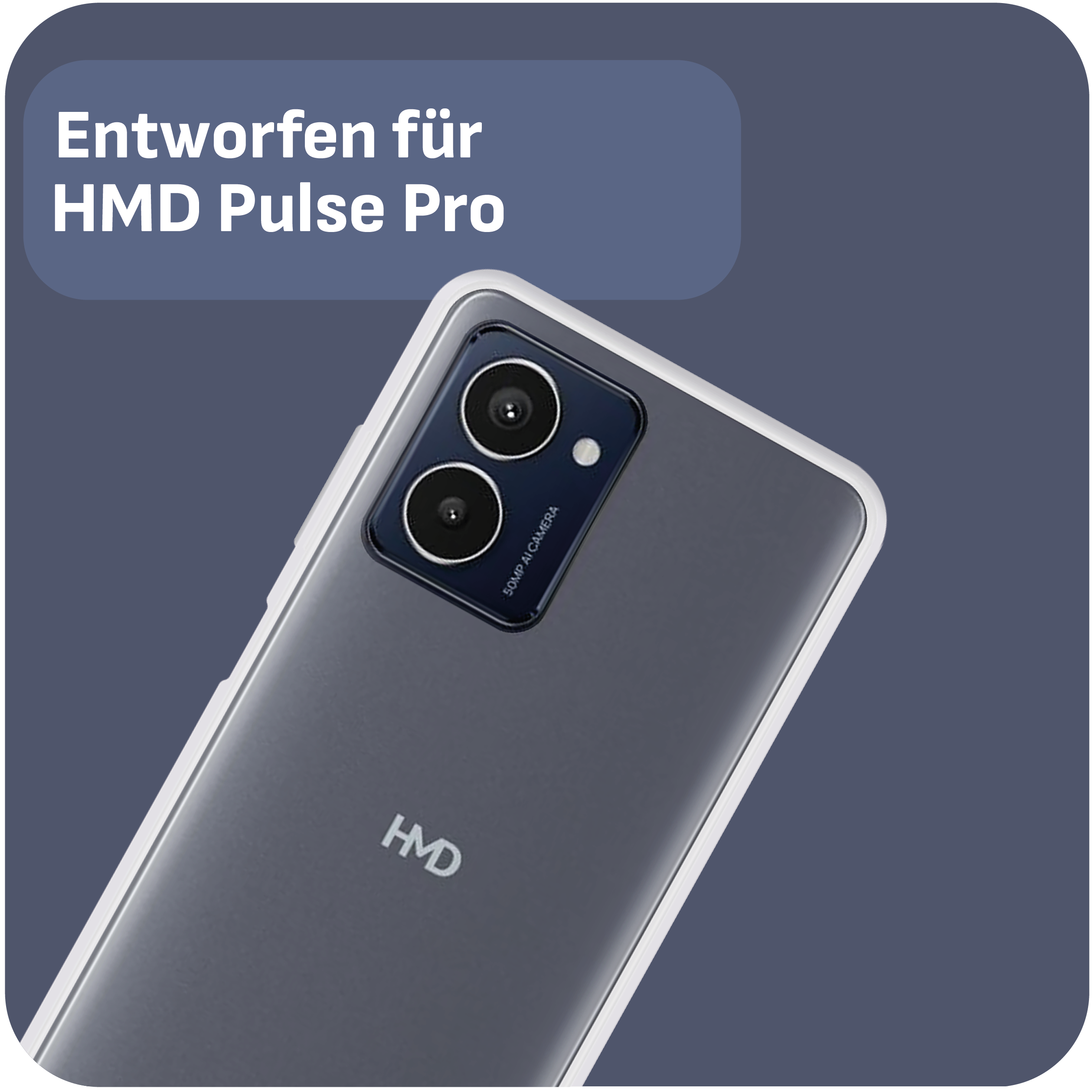 Ein Telefon mit Kamera auf der Rückseite. Text: HMD. Text: HMD Pulse Pro.