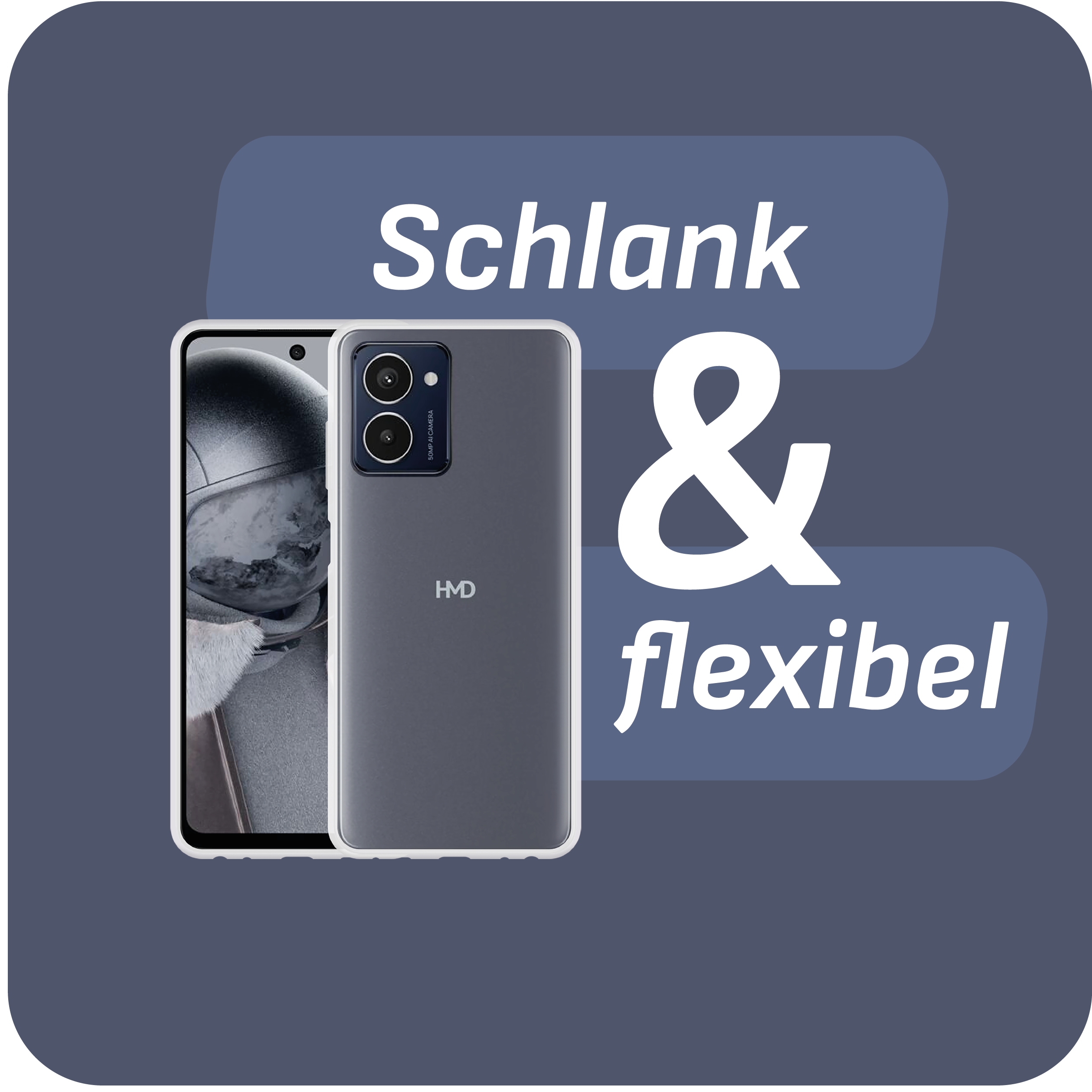 Ein Telefon mit grauem Rücken und weißem Rahmen. Die Worte schlank & flexibel sind darauf geschrieben.