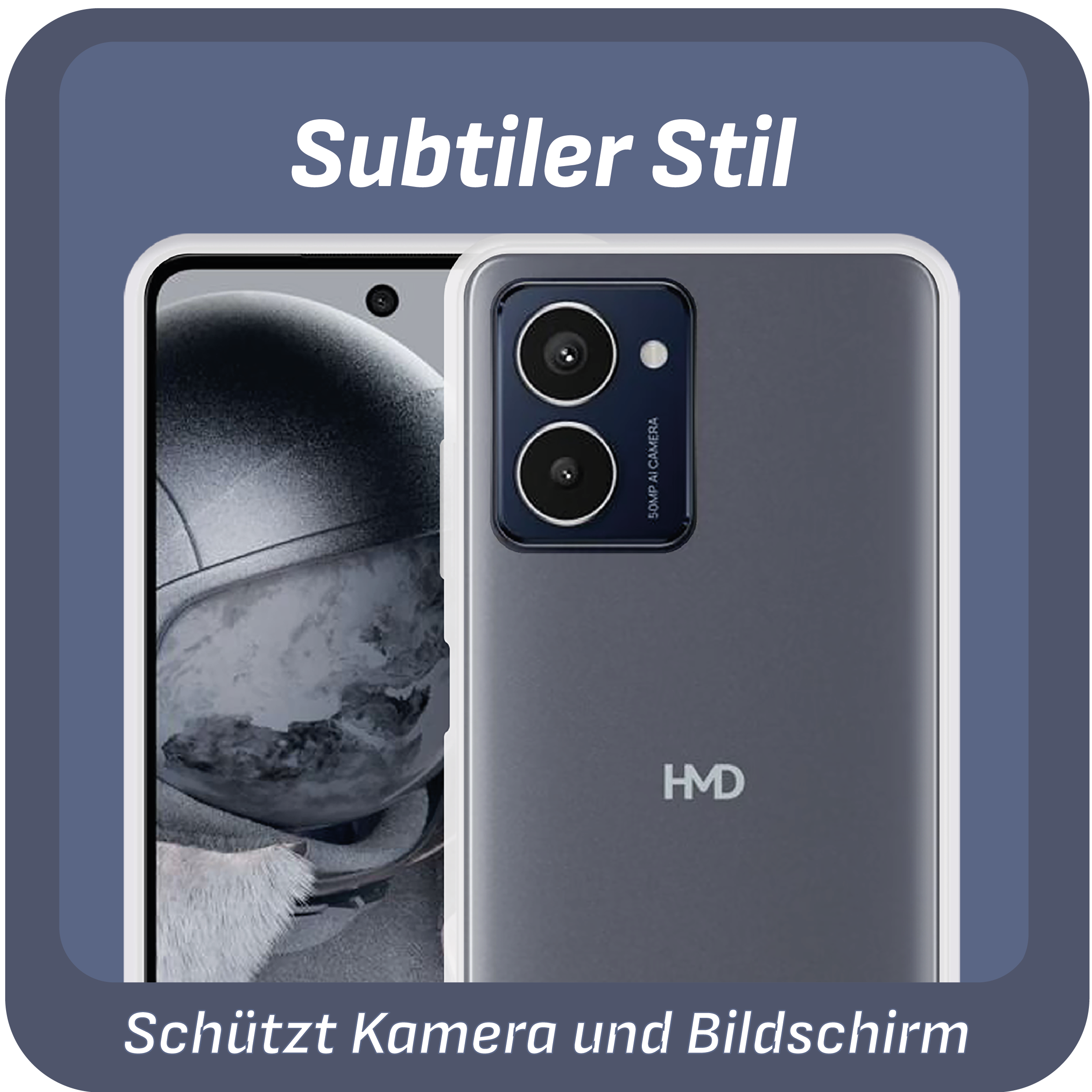 Ein Smartphone in einer Hülle, mit Dual-Kamera, schwarz und grau. Der Hintergrund hat Text.
