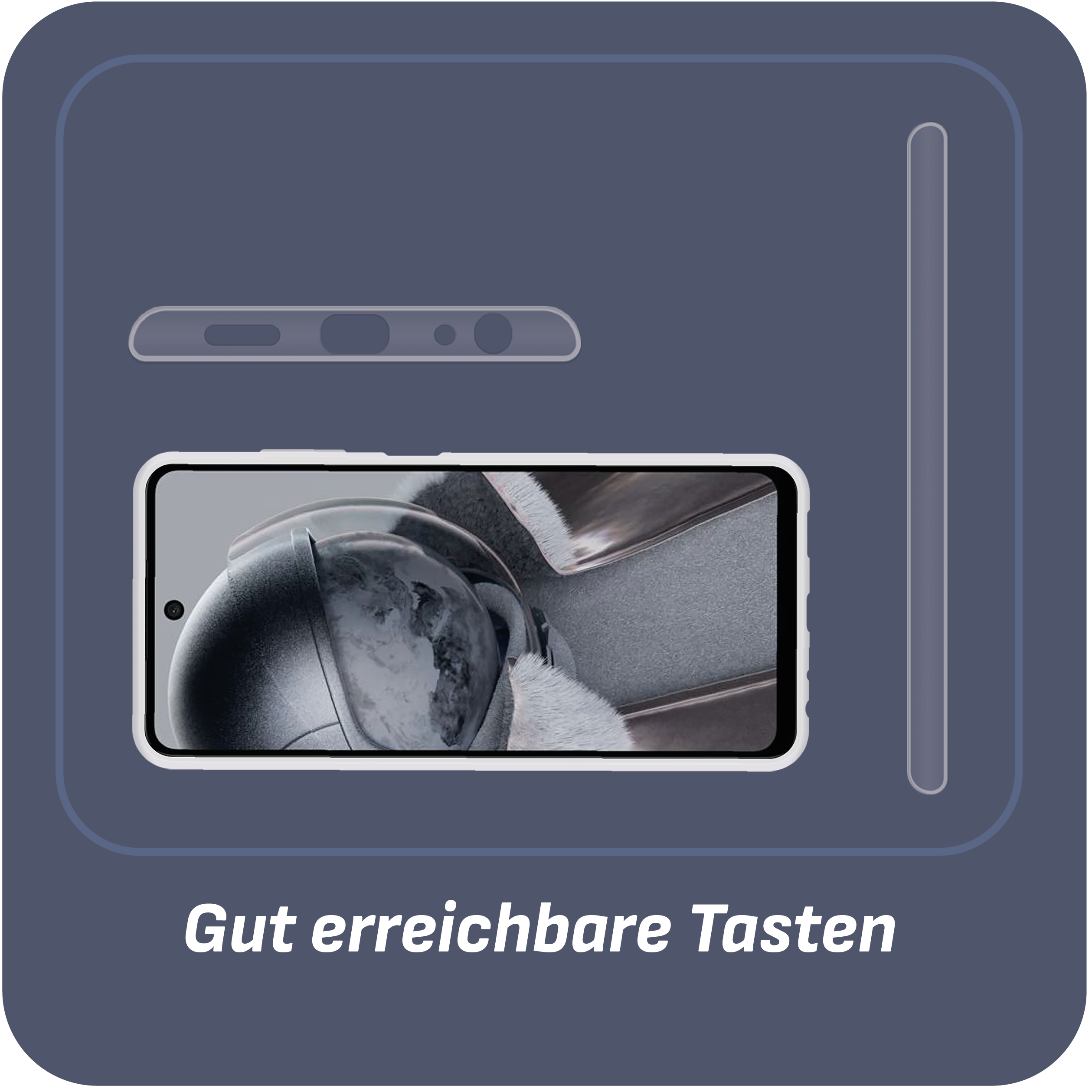 Telefon mit weißer Hülle und Text: Gut erreichbare Tasten auf grauem Hintergrund.