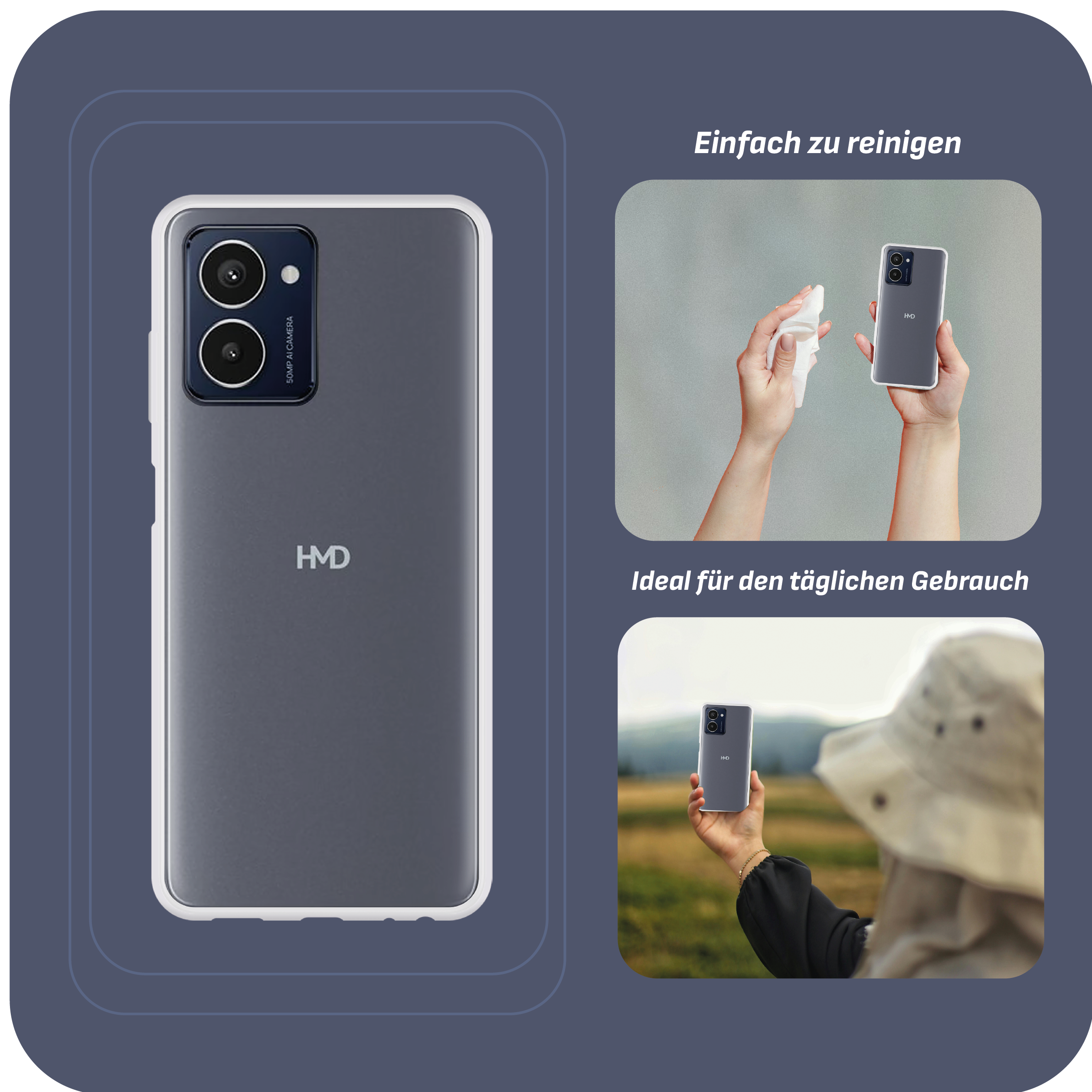 Smartphone mit HMD-Logo in Hülle, Text: 'Einfach zu reinigen' und 'Ideal...Gebrauch'.