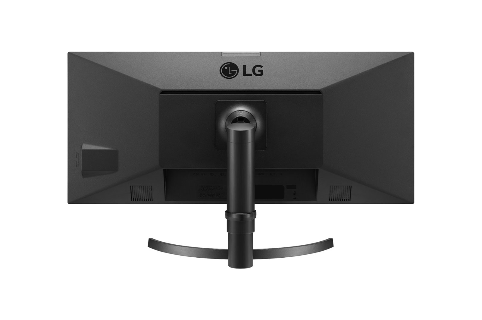 Rückansicht eines schwarzen LG-Monitors mit Ständer.