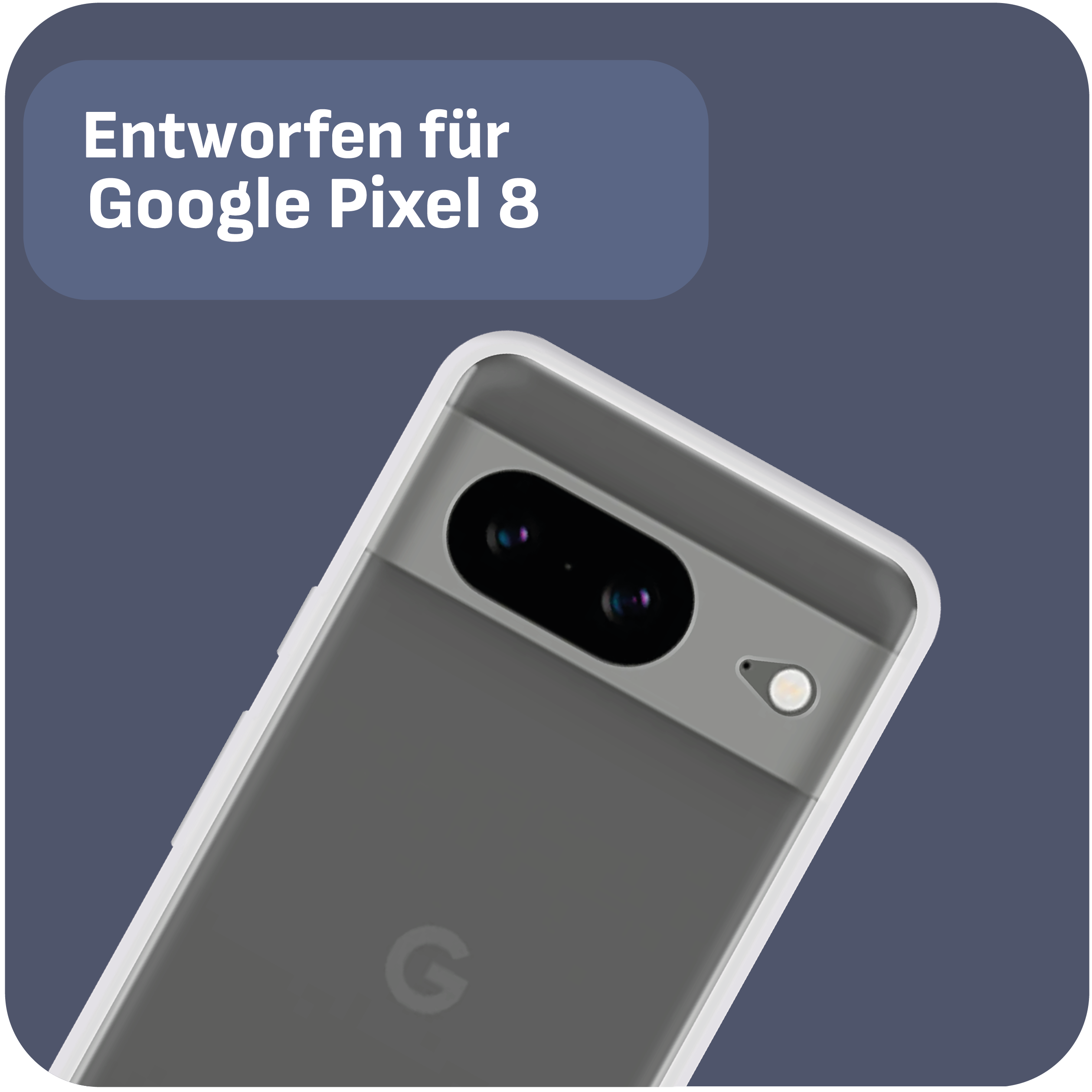 Nahaufnahme eines Google Pixel 8-Telefons in einem weißen Gehäuse auf blauem Hintergrund.