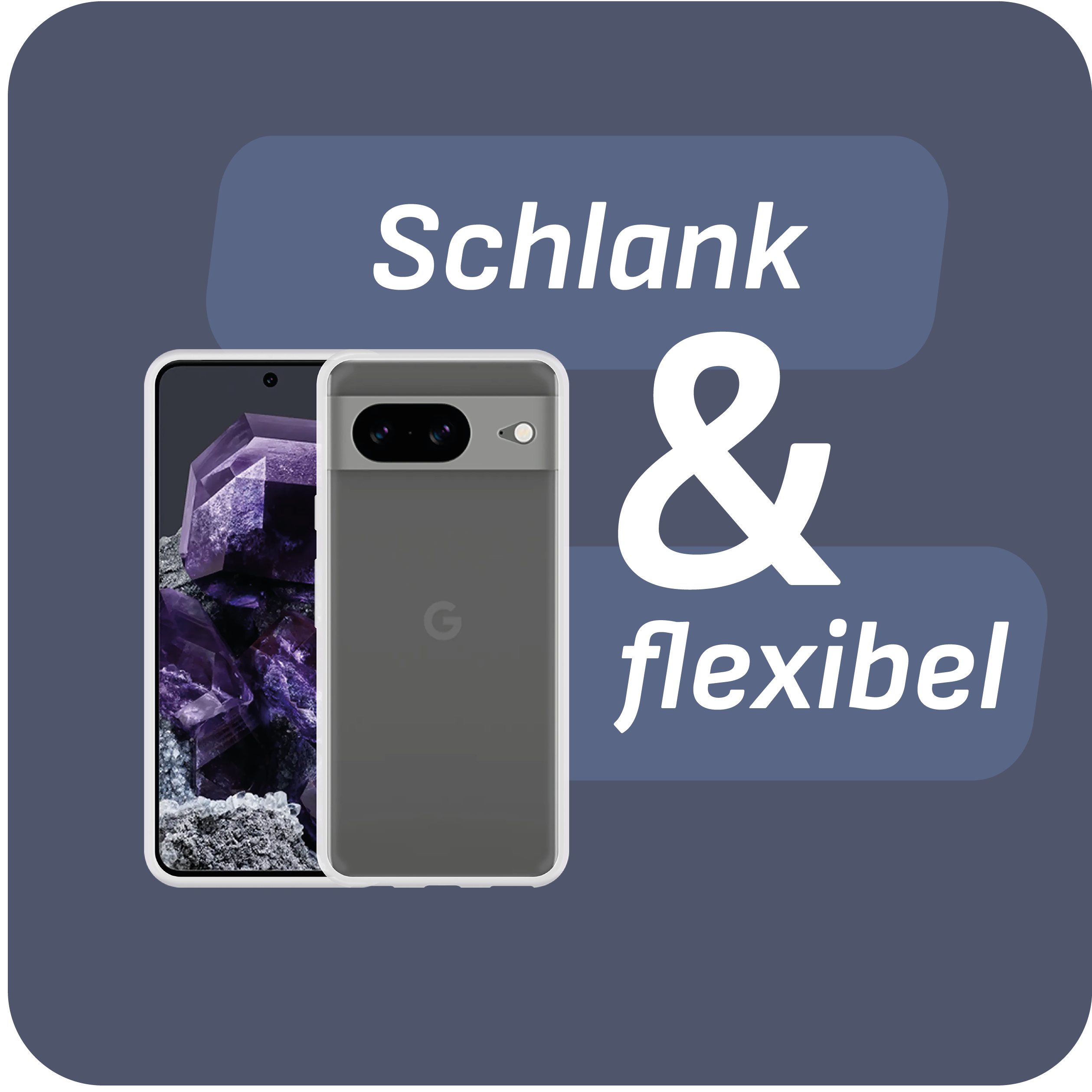 Telefon in einem grauen Gehäuse mit Kamera. Text: Schlank & flexibel. Weißer Text auf blauem Hintergrund.