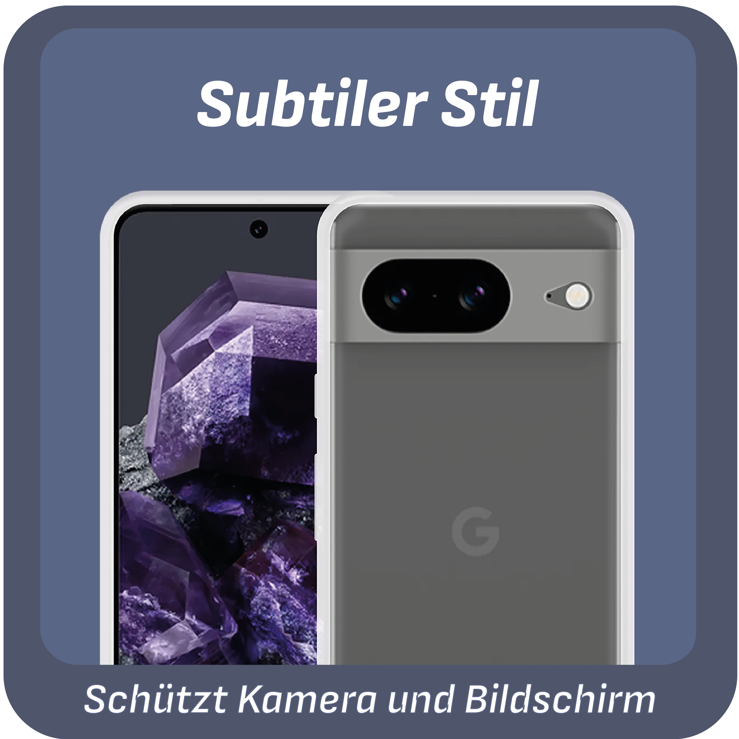 Ein Telefon mit Hülle, die Rückseite des Telefons wird gezeigt, mit Text oben und unten auf dunklem Hintergrund.