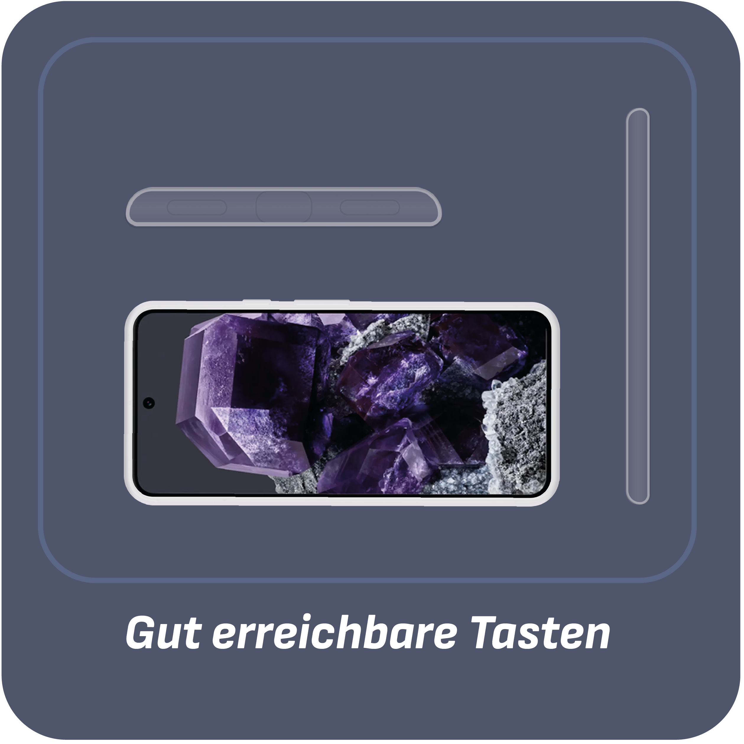 Telefon mit lila Edelsteinbild auf dem Bildschirm. Dunkelblauer Hintergrund.