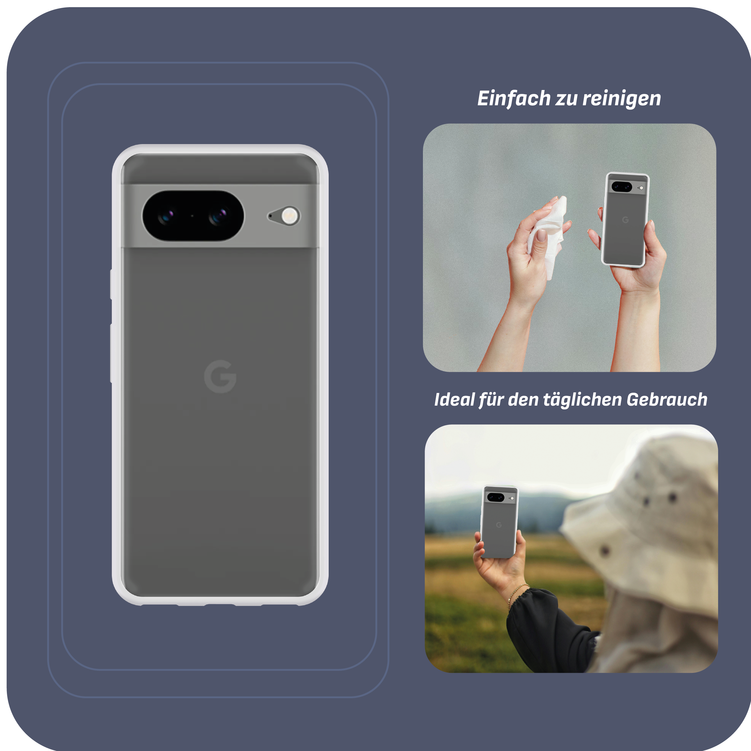 Handyhülle mit Telefon darin. Es zeigt Reinigung und Verwendung. Text: Einfach zu reinigen.